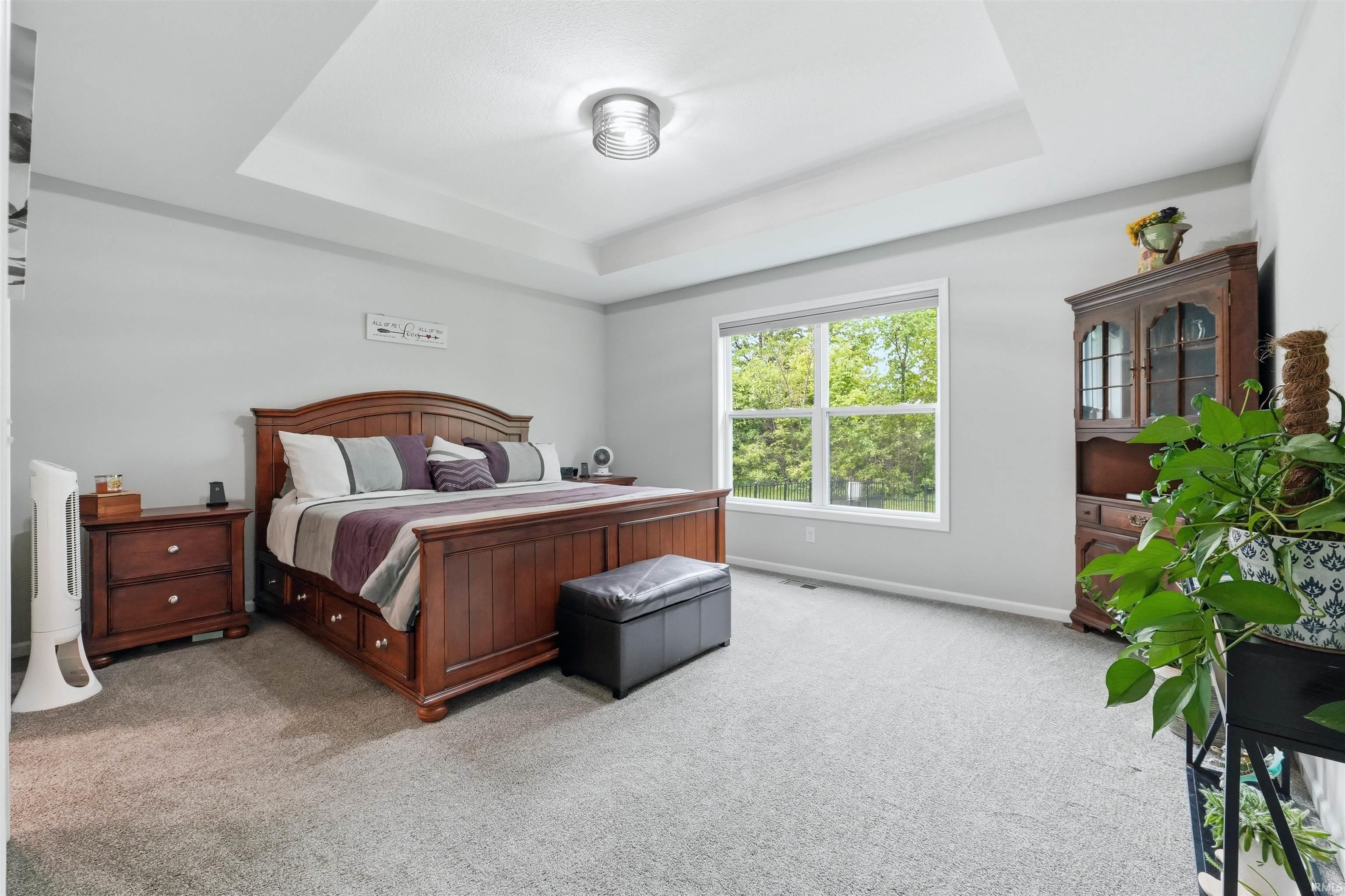 Spacious room featuring a tray ceiling with a contemporary flush-mount fixture, light grey wall paint, and grey carpeting