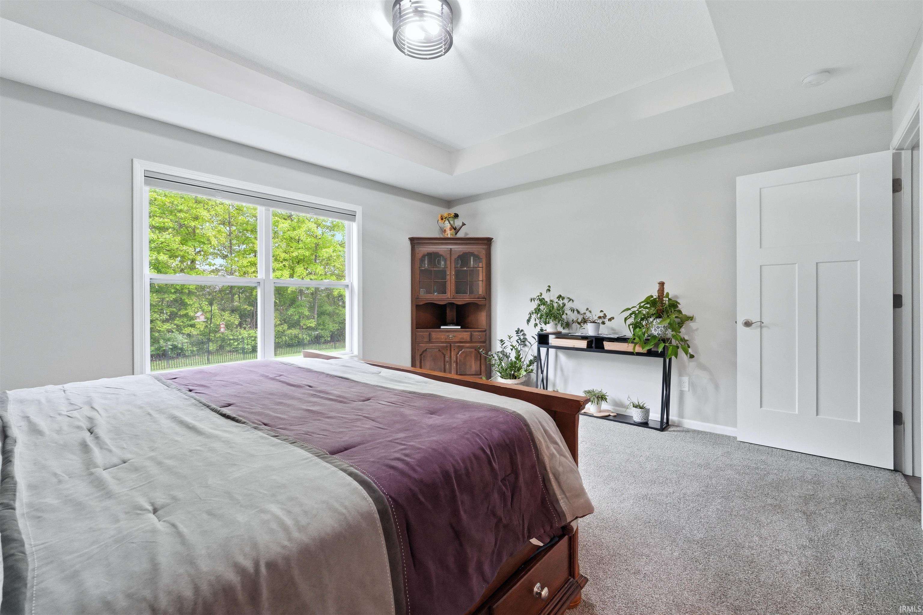 Spacious room featuring a tray ceiling, recessed lighting fixture, and a large window overlooking lush greenery