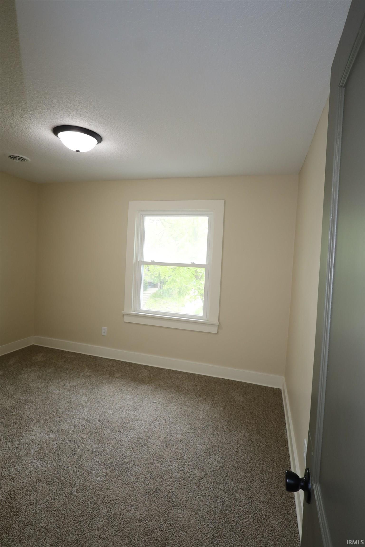 Neutral-toned room featuring a single window with white trim, tan wall paint, and plush carpeting
