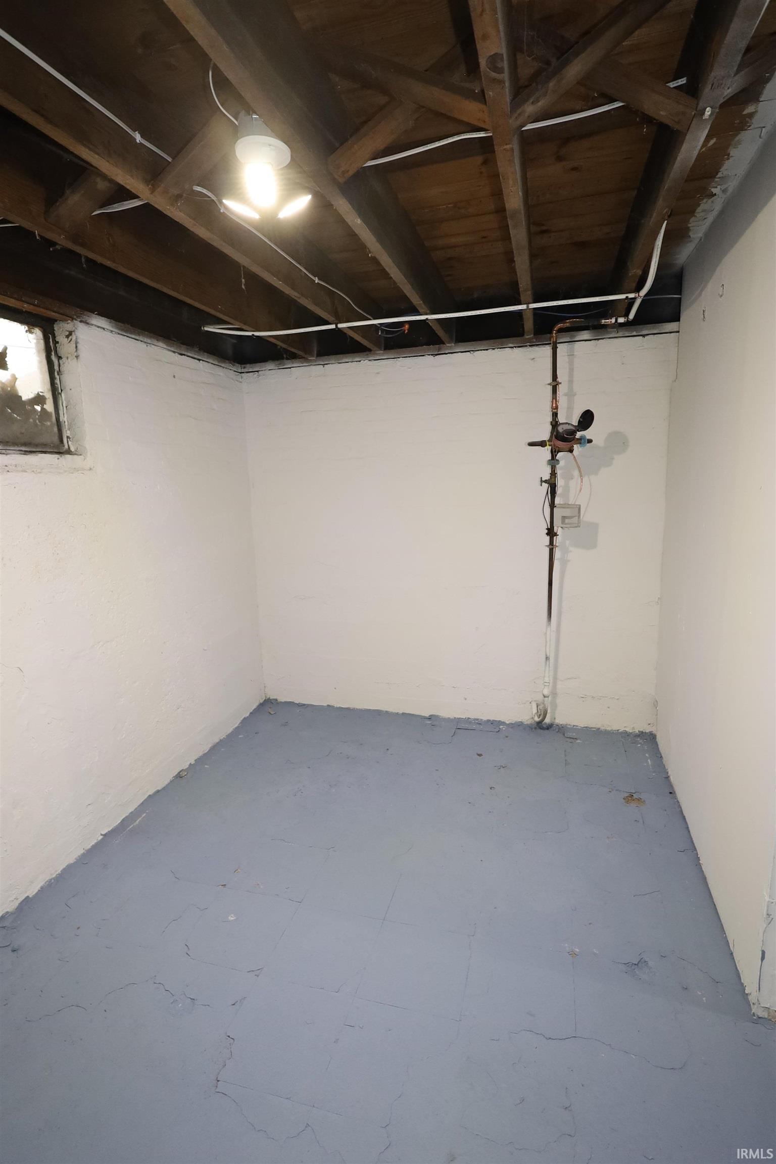 Basement room featuring painted concrete walls and floor, exposed ceiling joists, and overhead lighting