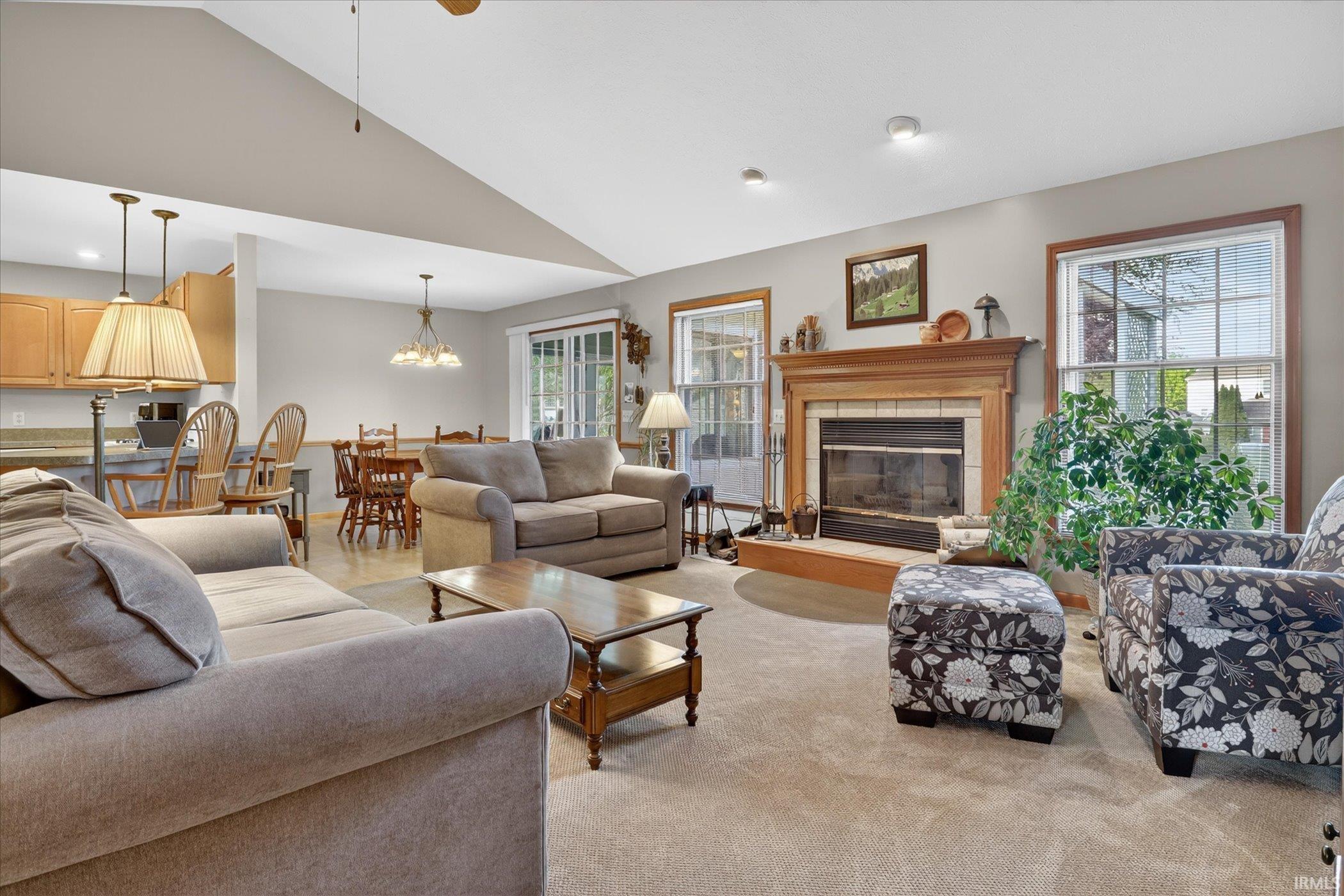 Living area featuring a fireplace with a wood mantle, carpet flooring, and abundant natural light from multiple windows