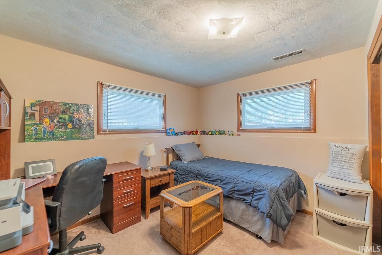 Carpeted room featuring two windows with wood trim, a built-in overhead light fixture, and light-toned wall paint