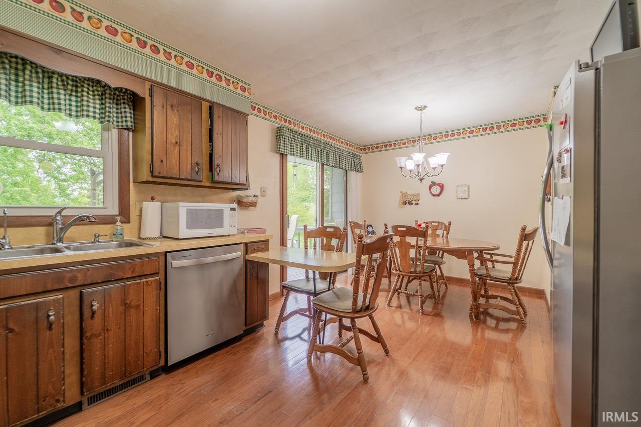 Kitchen and dining area featuring wood-finish flooring