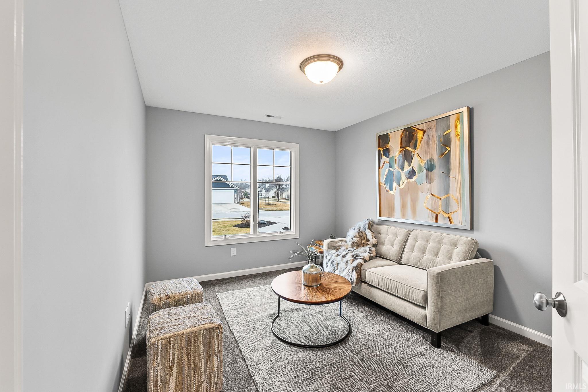 Carpeted room featuring light gray walls and a single window with white trim