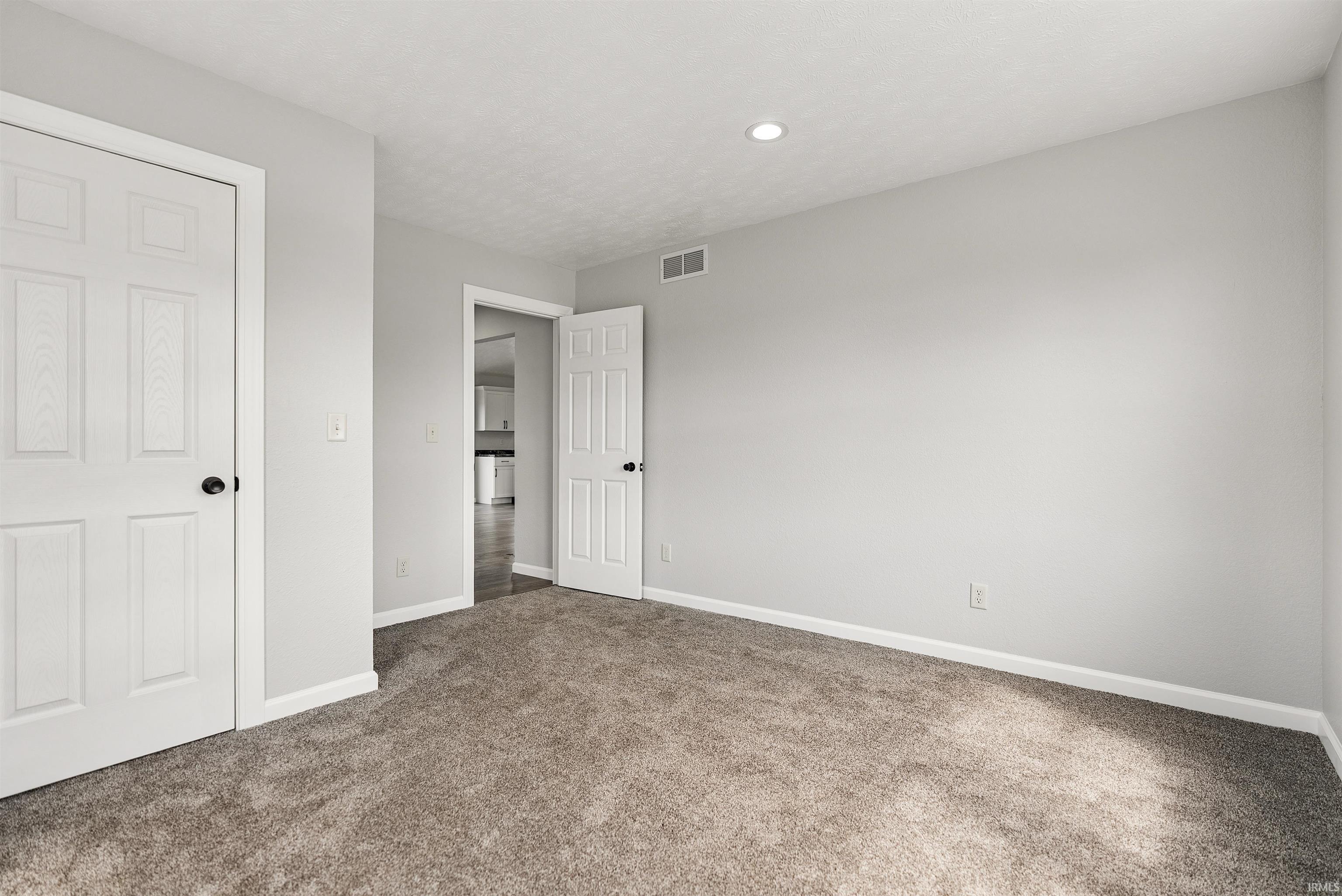 Carpeted room featuring light gray wall paint, white trim, recessed lighting, and two paneled doors with black hardware