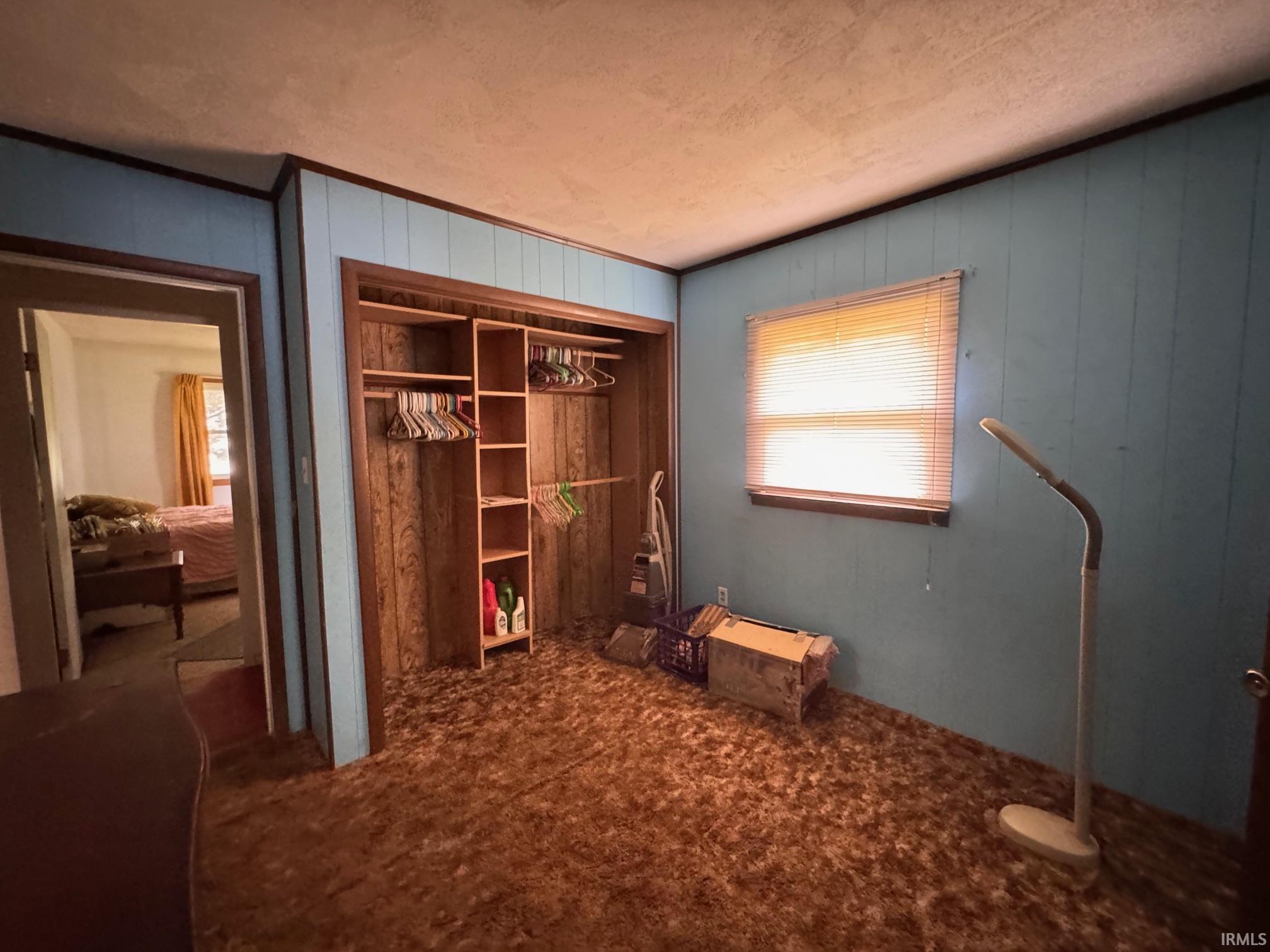 Room with blue paneled walls, brown trim, a window with blinds, and a built-in closet featuring wood-finish paneling and shelving