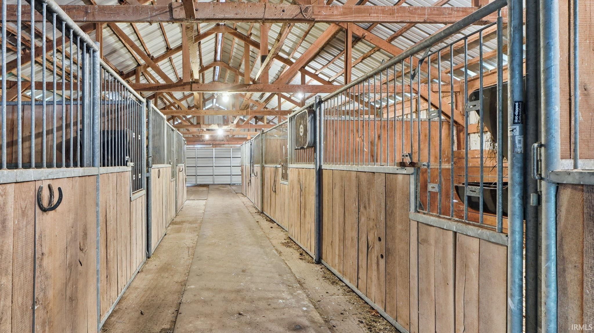 Interior barn featuring multiple horse stalls with wooden lower walls and metal bar tops