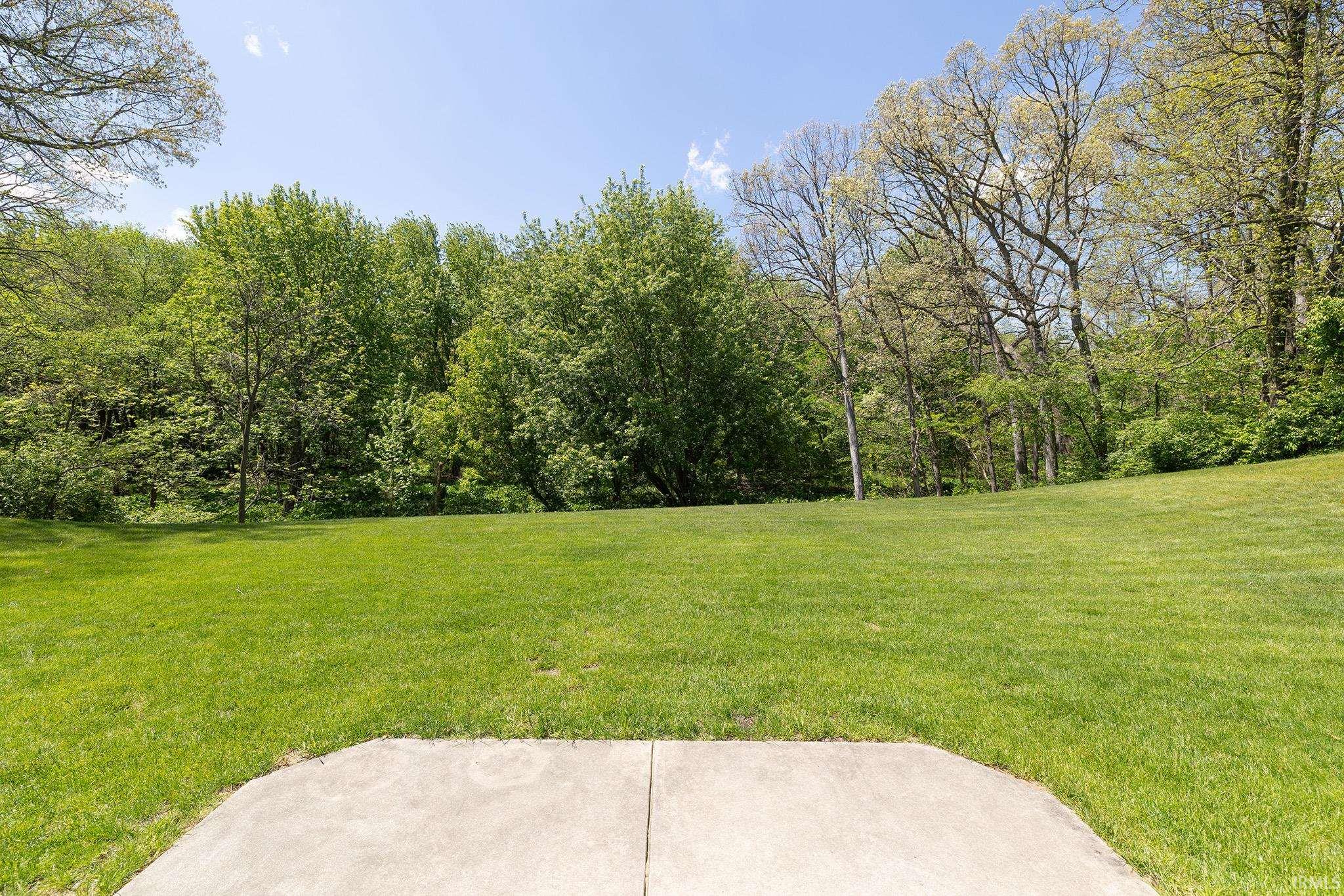 Expansive lawn with a concrete patio, bordered by mature deciduous trees