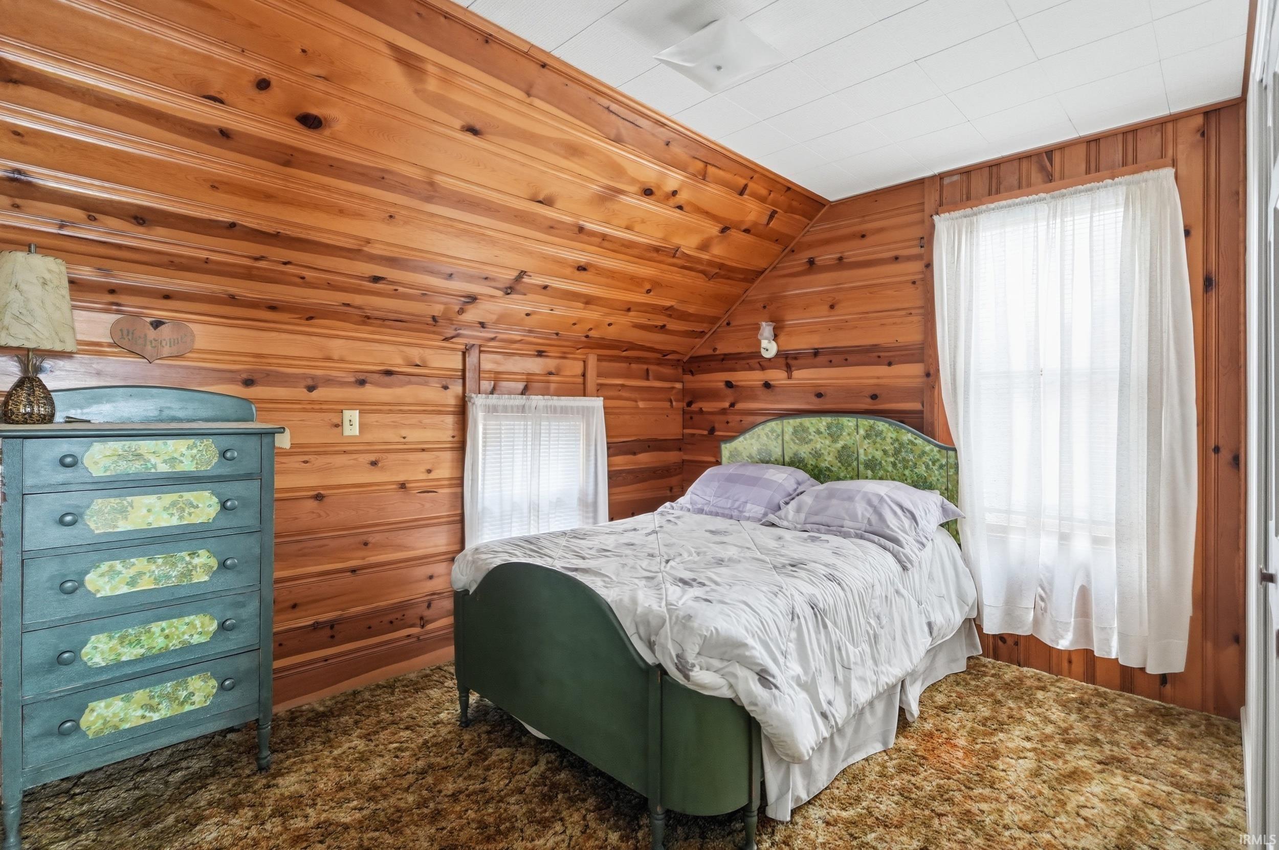 Interior room featuring wood-finish paneling, a large window, a sloped ceiling, and carpeted flooring