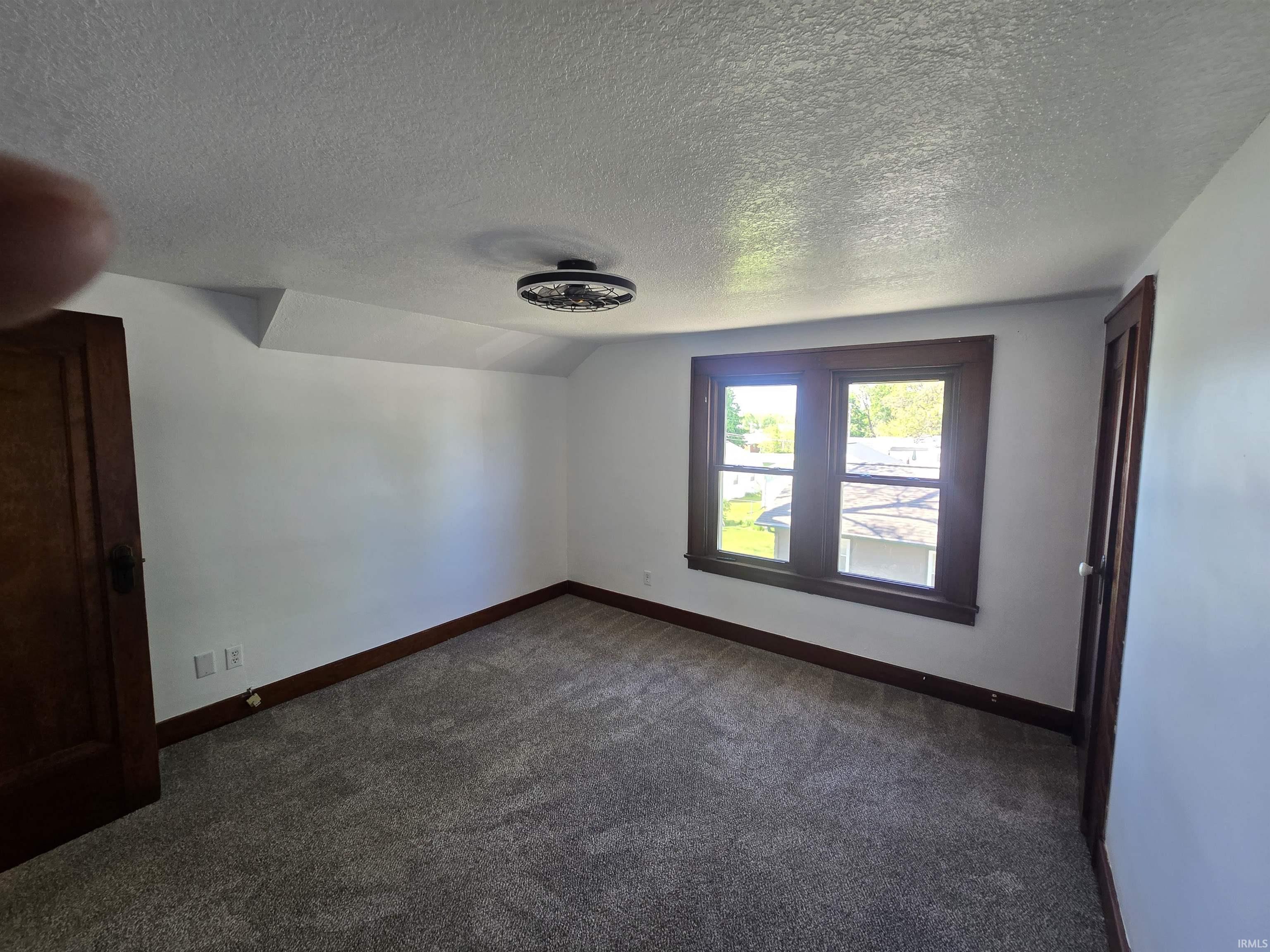 Carpeted room with a ceiling-mounted light fixture, white walls, and dark wood trim