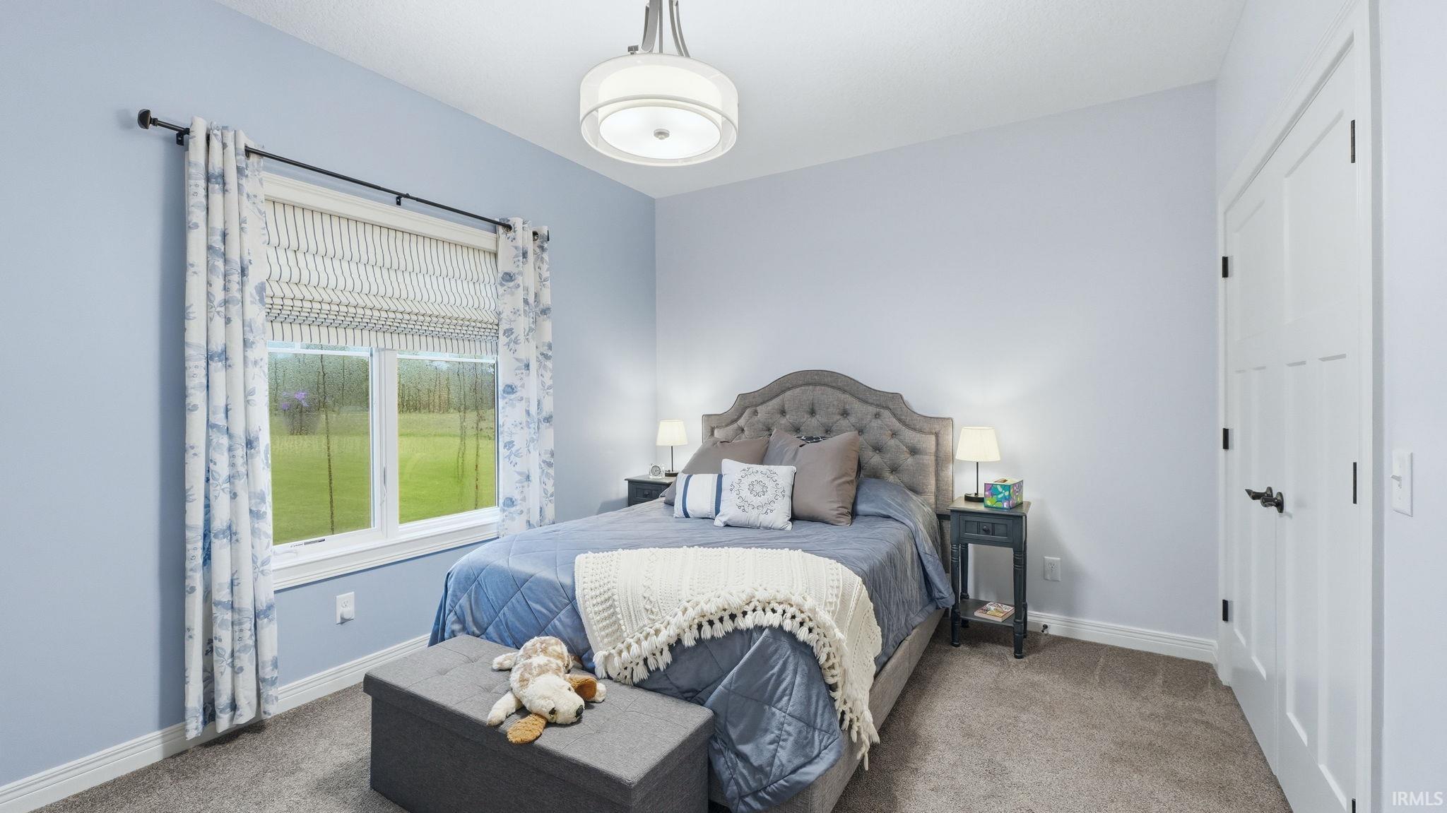 Carpeted room featuring a double-pane window, white trim, and a white interior door with black hardware