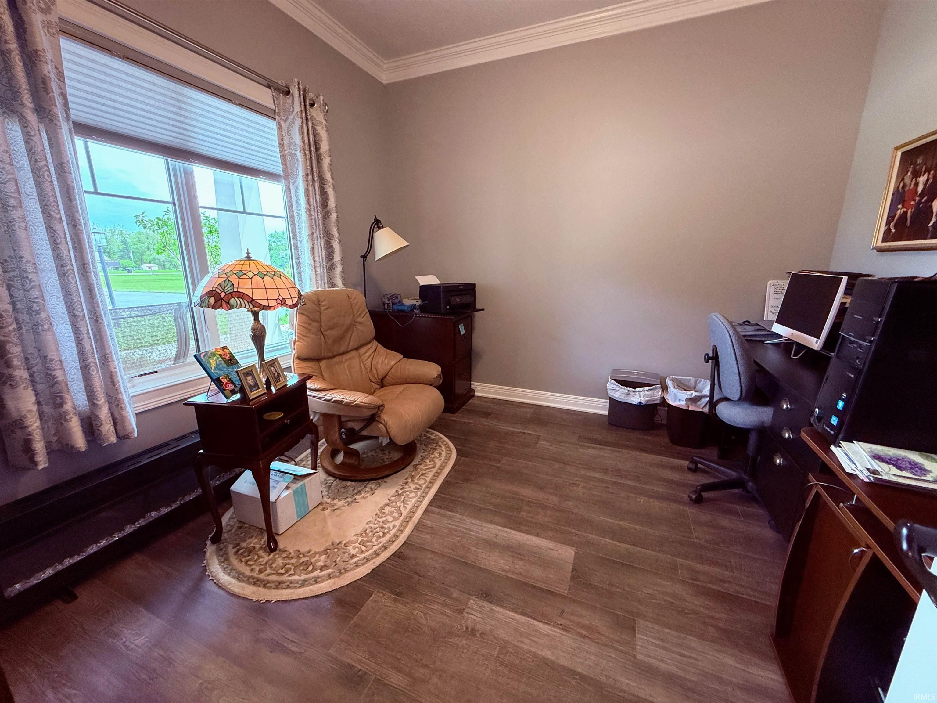 Expansive window with privacy blinds and drapes, crown molding, baseboard trim, and a built-in radiator