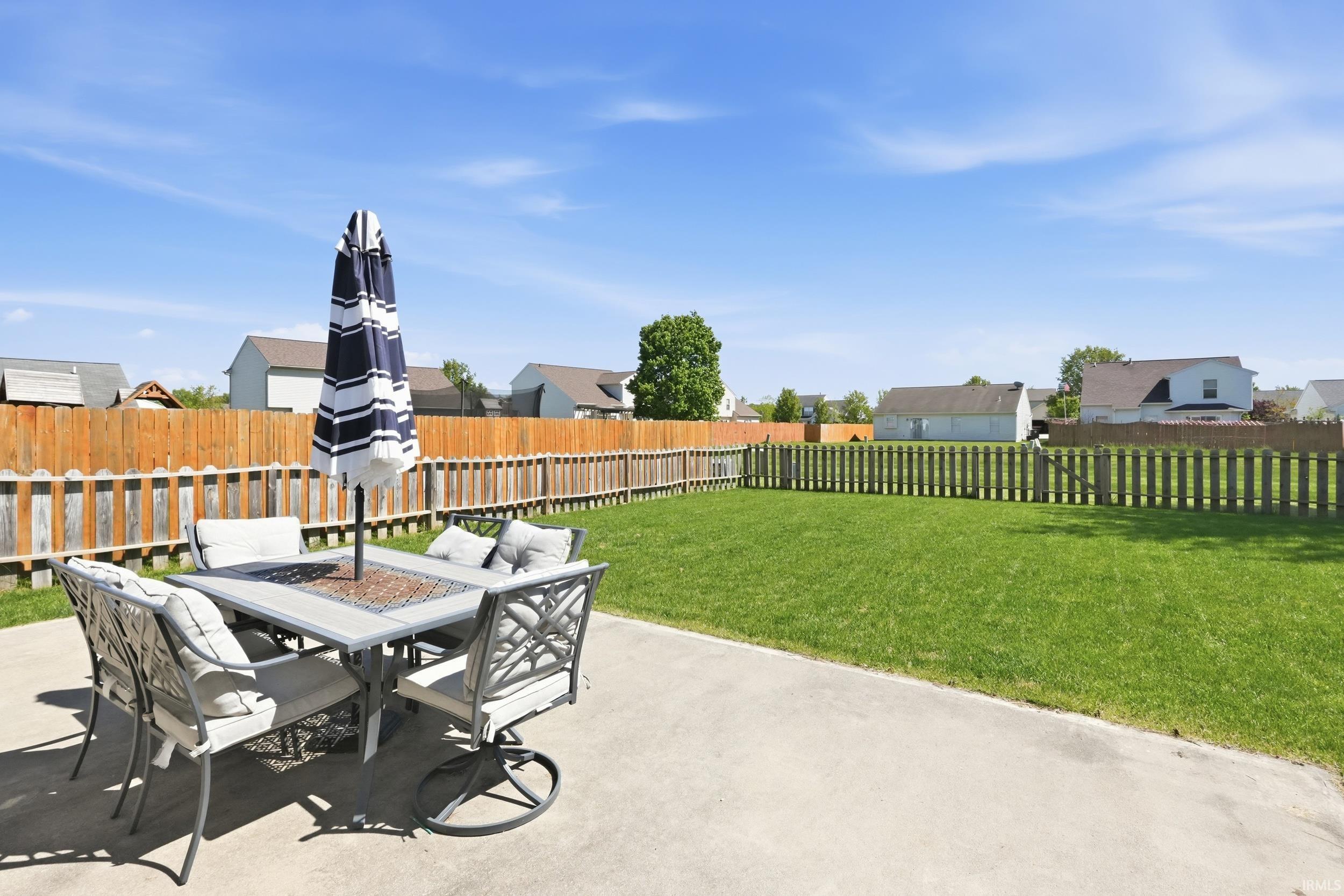 Expansive concrete patio with a lush green lawn and perimeter fencing
