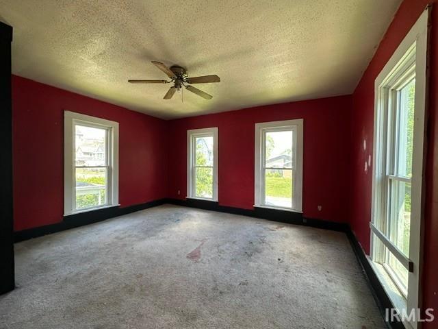 Spacious room featuring multiple double-hung windows with white trim, a ceiling fan, and red-painted walls with dark baseboards