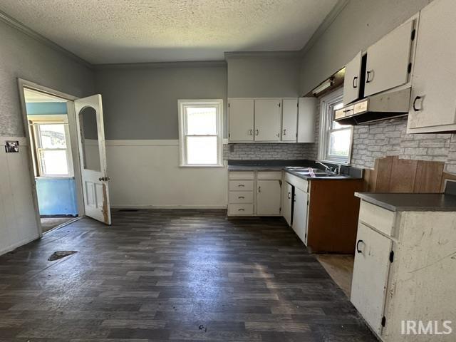 Kitchen featuring wood-finish flooring and white cabinetry