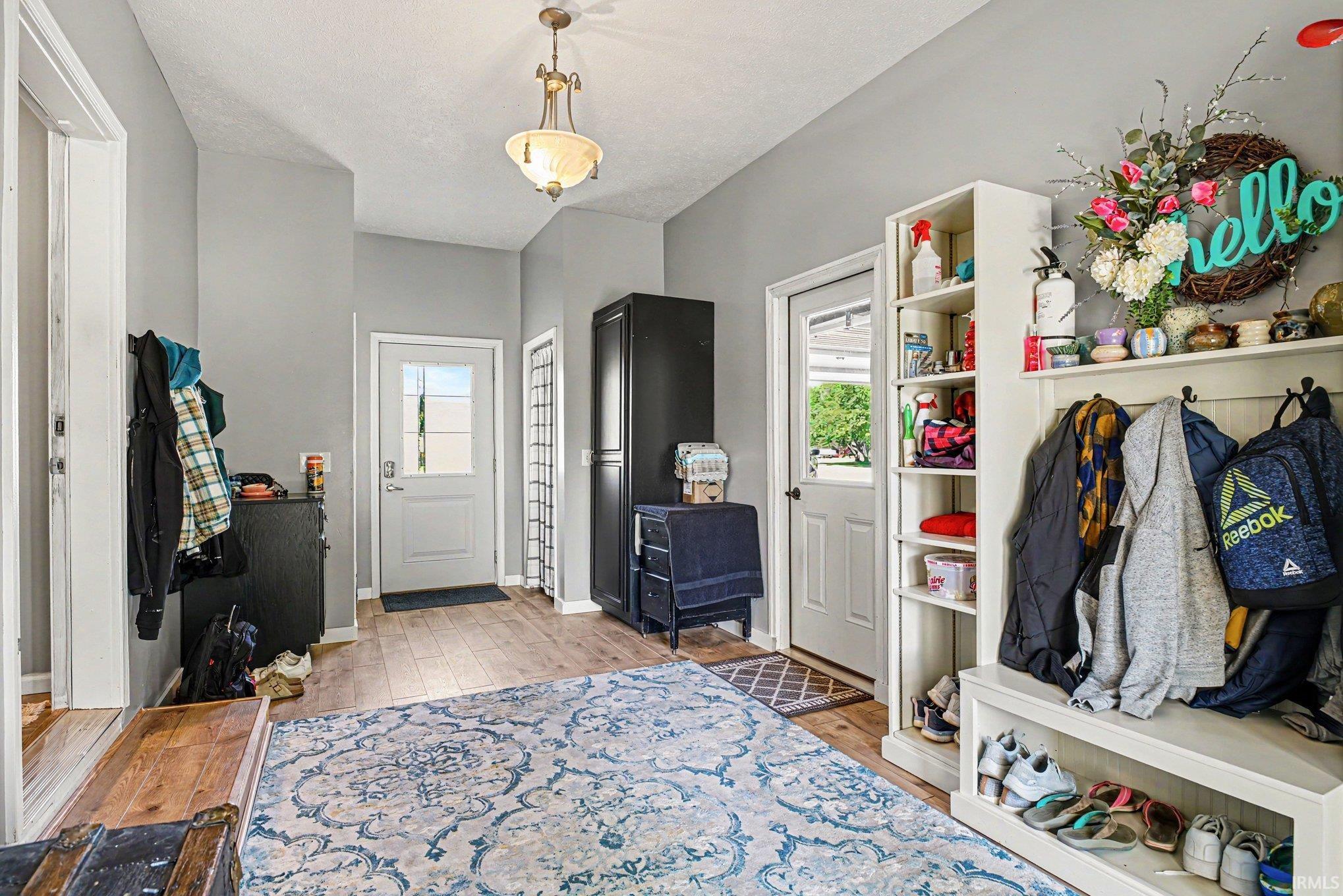 Hallway featuring wood-finish flooring, two entry doors with integrated window panes, a built-in shelving unit, and an overhead light fixture