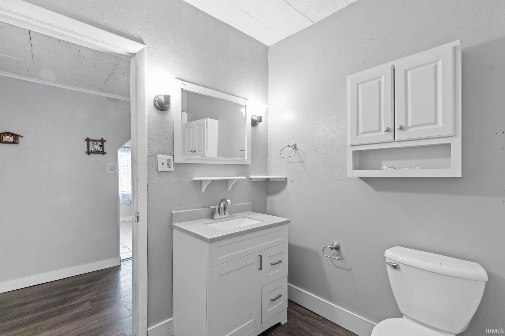 Bathroom featuring wood-finish flooring, a white vanity with a rectangular sink, an overhead wall cabinet, a wall-mounted mirror with sconce lighting, and a toilet