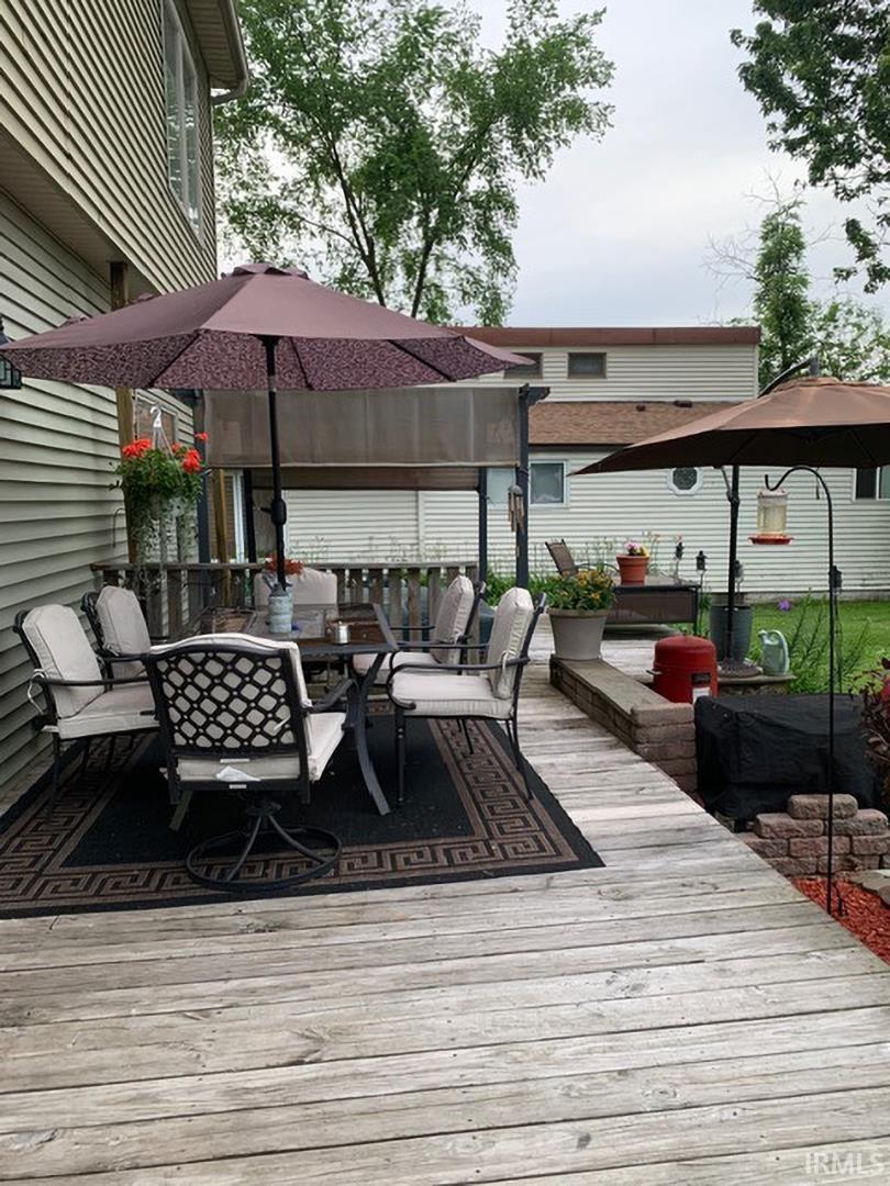 Expansive wooden deck featuring multiple levels