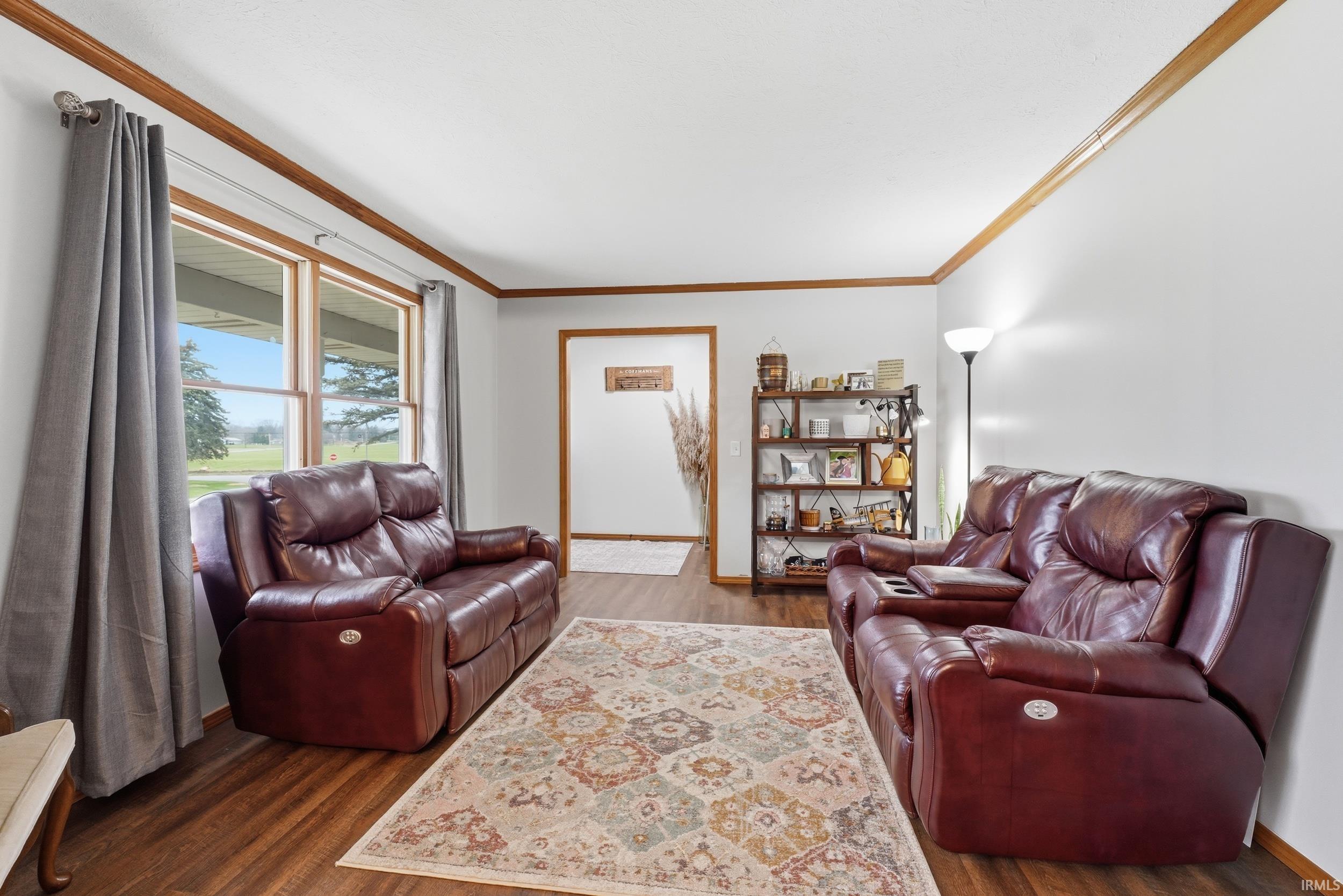 Living room with ornamental molding and dark wood-style floors