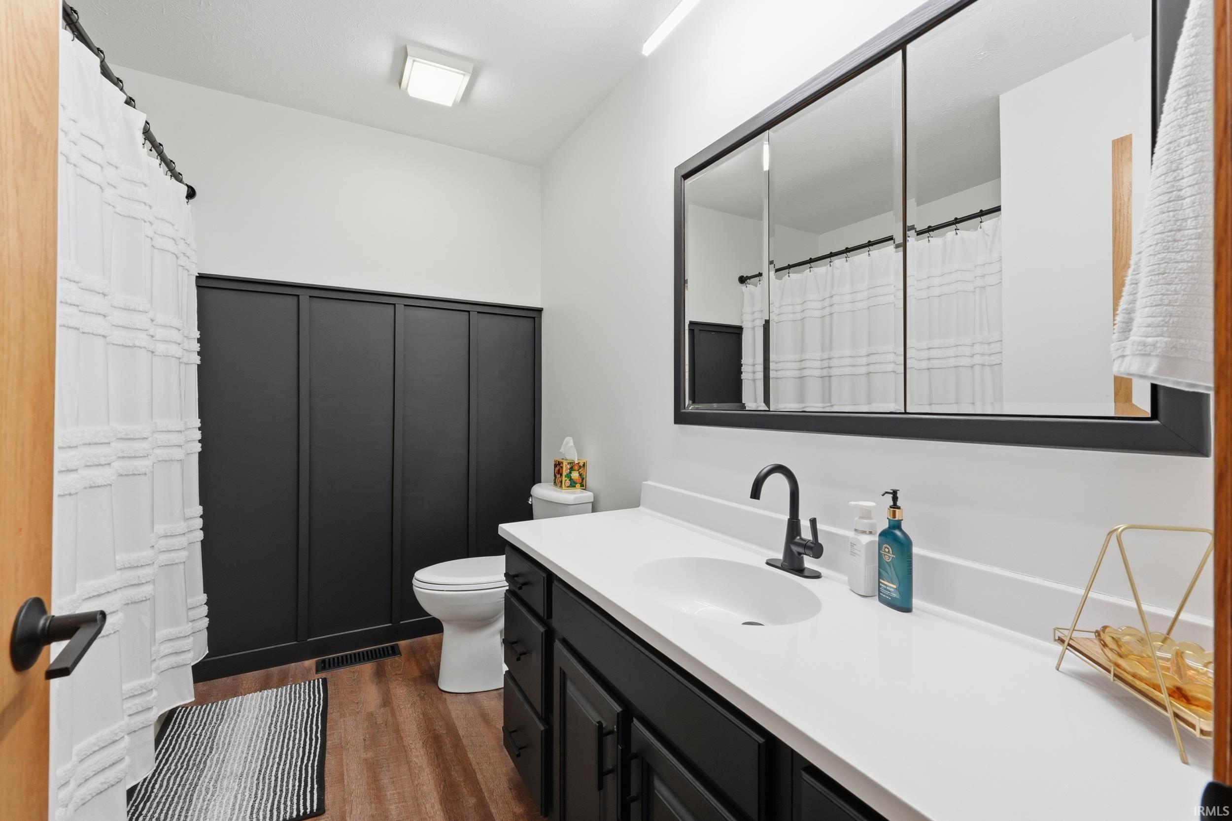 Bathroom featuring vanity, dark wood-type flooring, and a shower with curtain