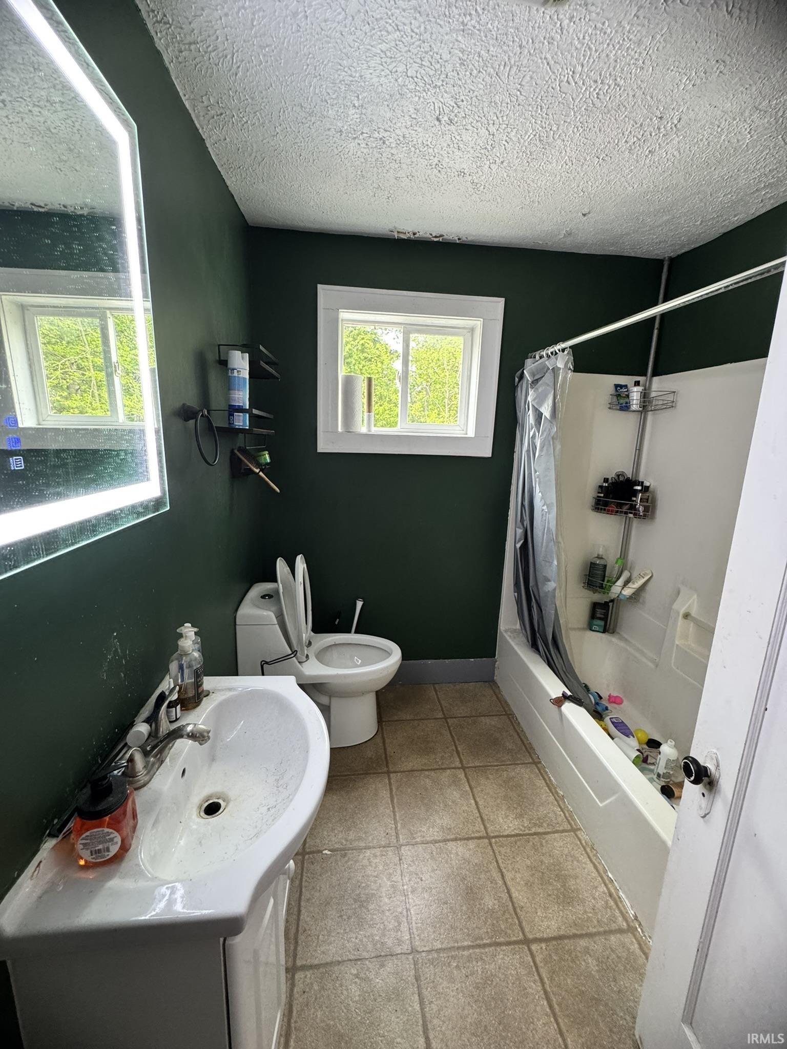 Bathroom featuring dark green walls, a white vanity with an integrated sink, a lighted mirror, a white toilet, and a white bathtub with a shower