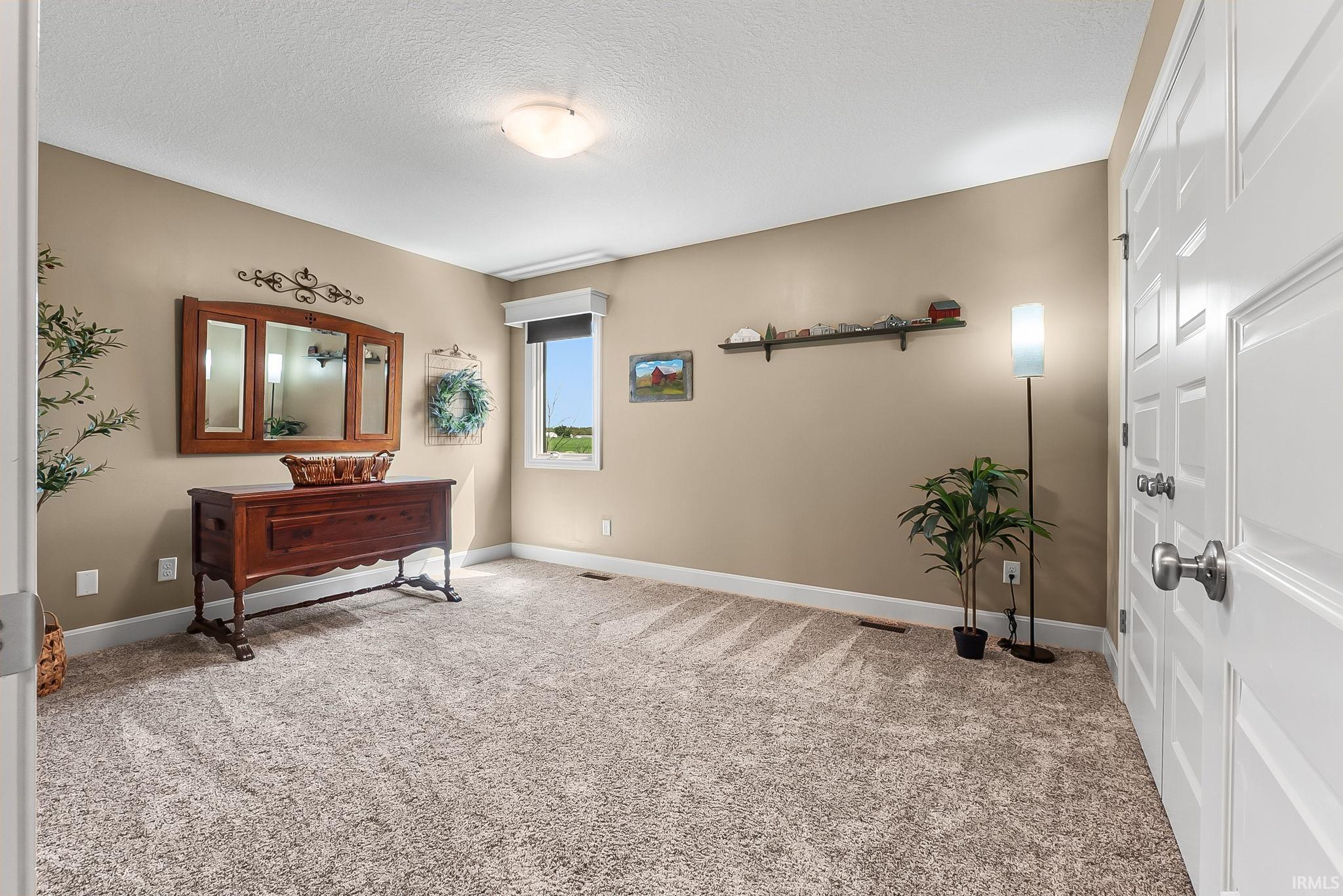 Carpeted room featuring a single window, a ceiling-mounted light fixture, white trim, and a white panel door with brushed nickel hardware