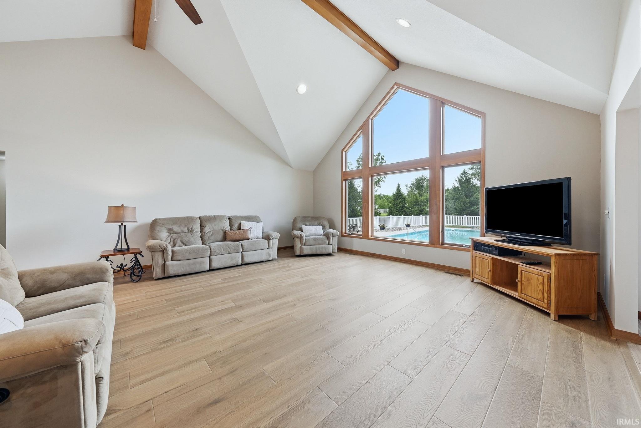 Vaulted ceiling with exposed wood beams