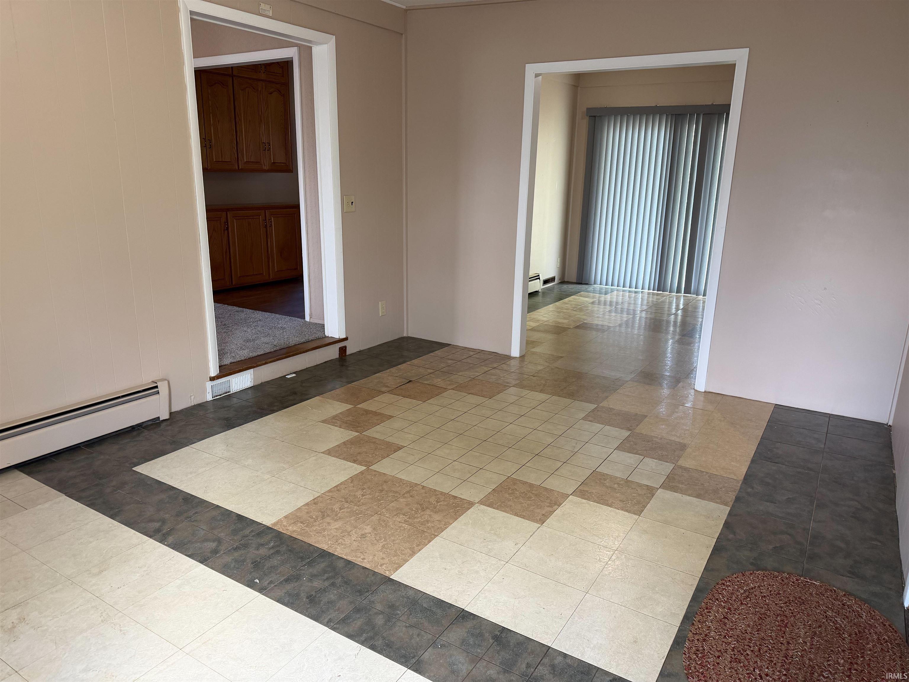 Patterned tile flooring with a neutral color palette