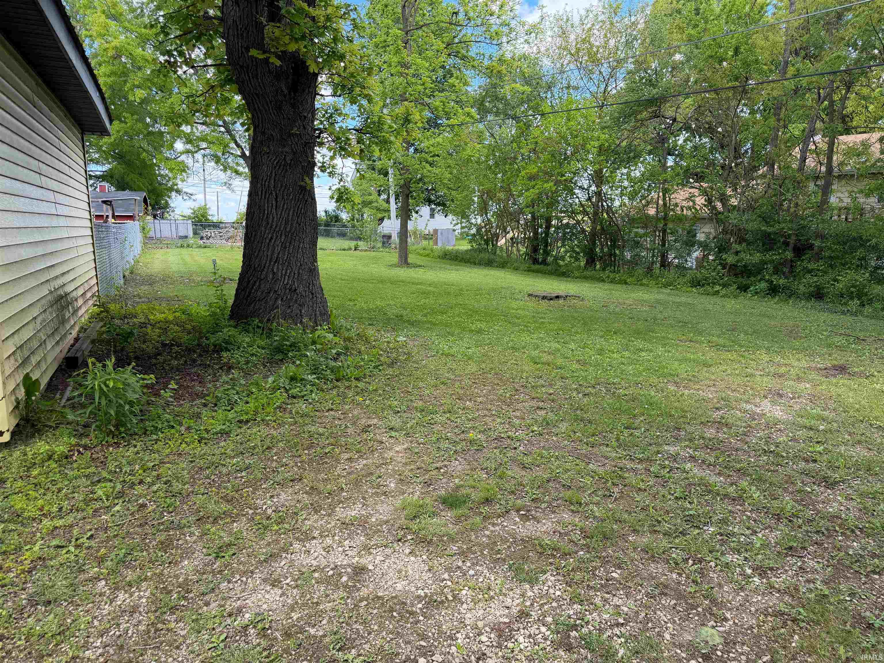 Expansive green space featuring a mature tree, gravel ground covering, and a partial chain-link fence