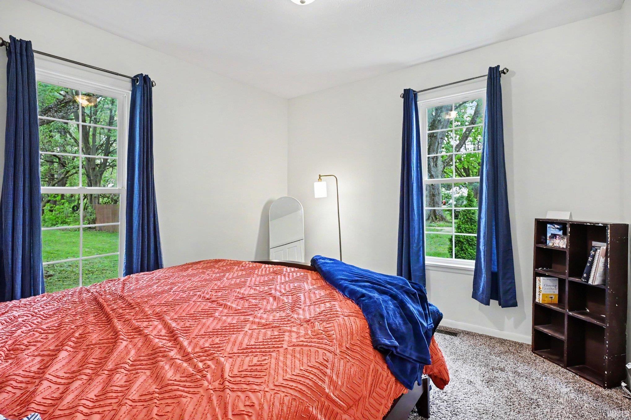 Bright room featuring two windows with white trim, a flush-mount ceiling light, and neutral carpet flooring