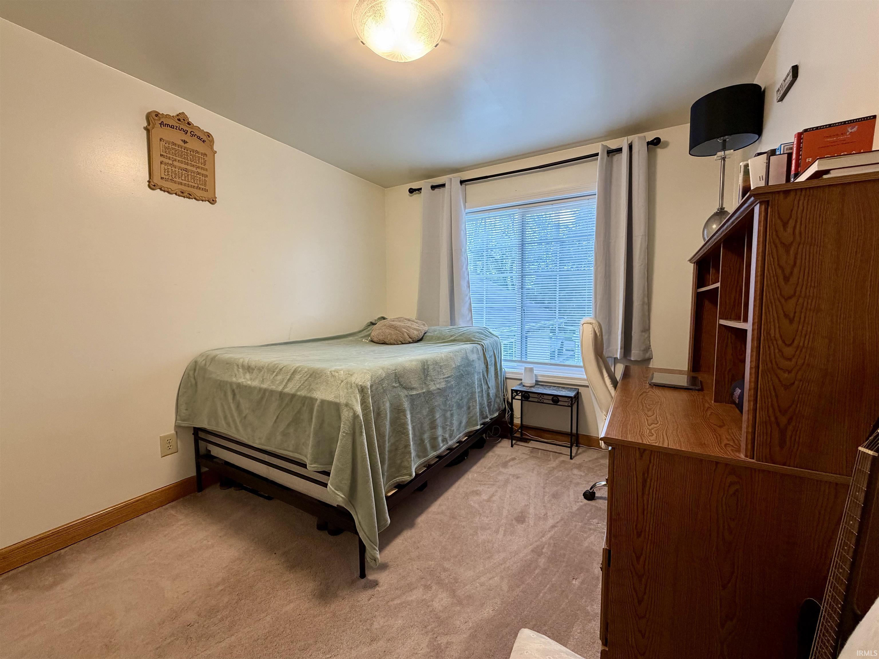 Carpeted room featuring a window with natural light, neutral wall colors, and wood-finish trim