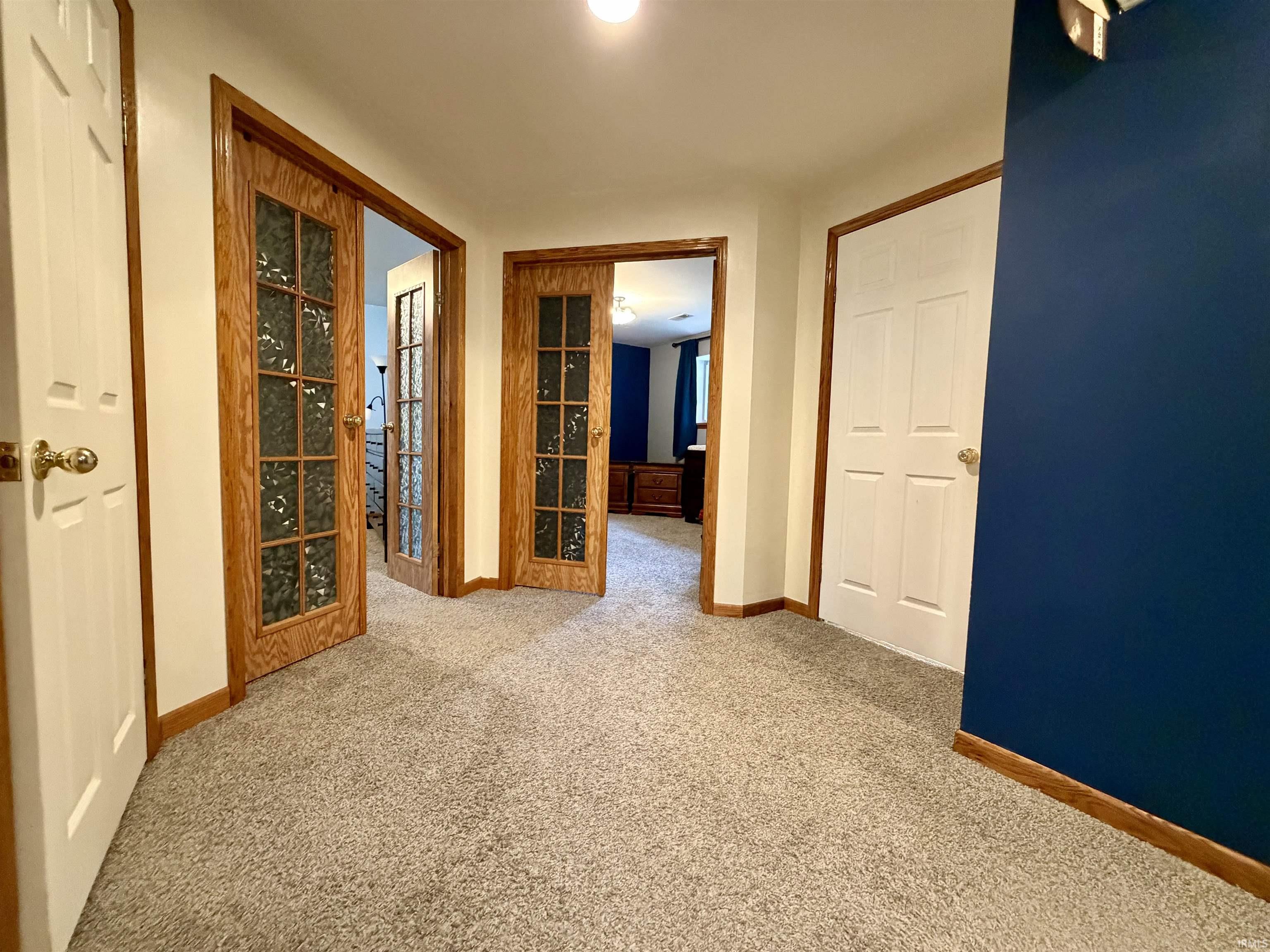 Carpeted hallway featuring a recessed ceiling light, wood-trim baseboards, and a combination of white panel doors and glass-panel wood doors
