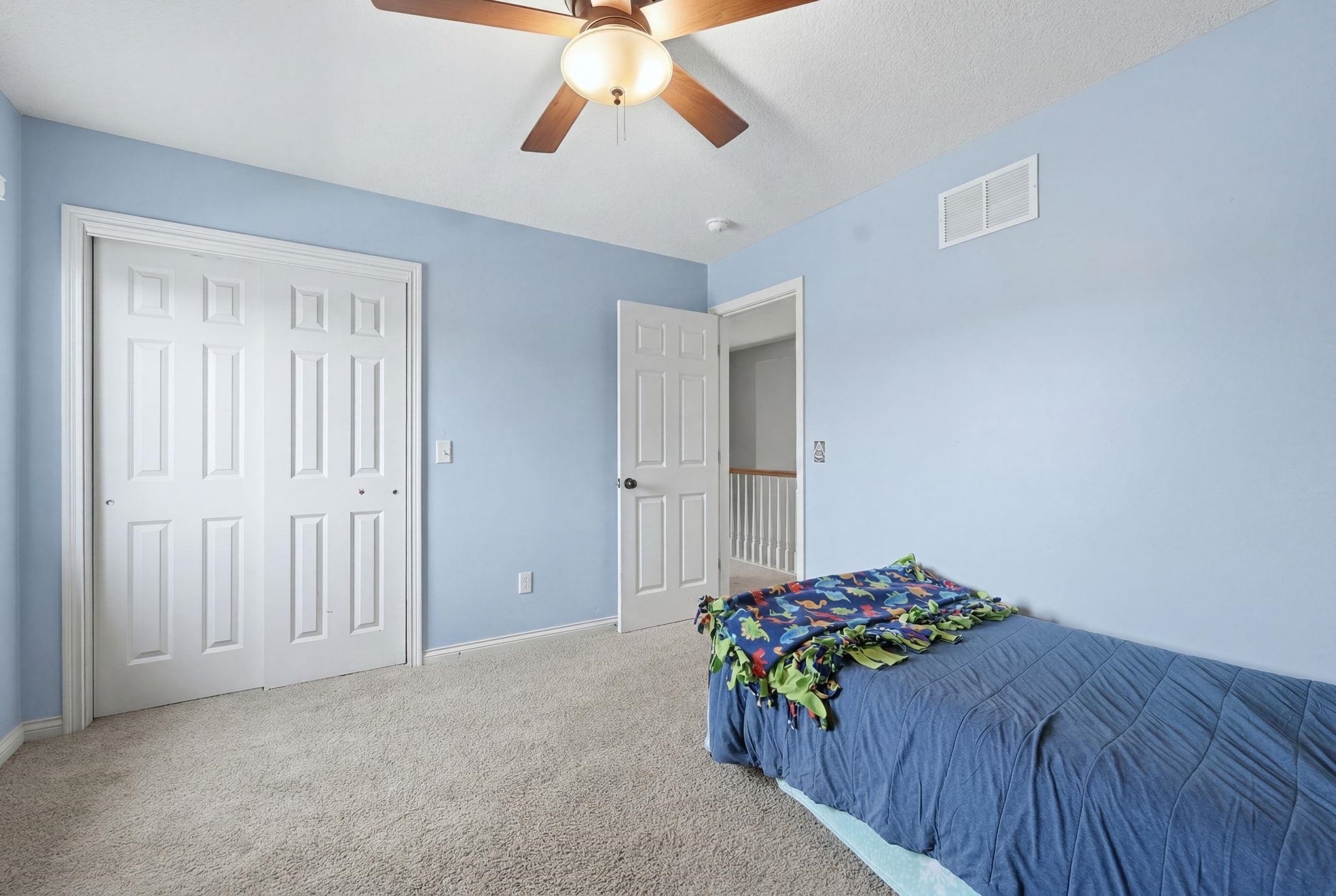 Light blue walls complementing neutral carpeting