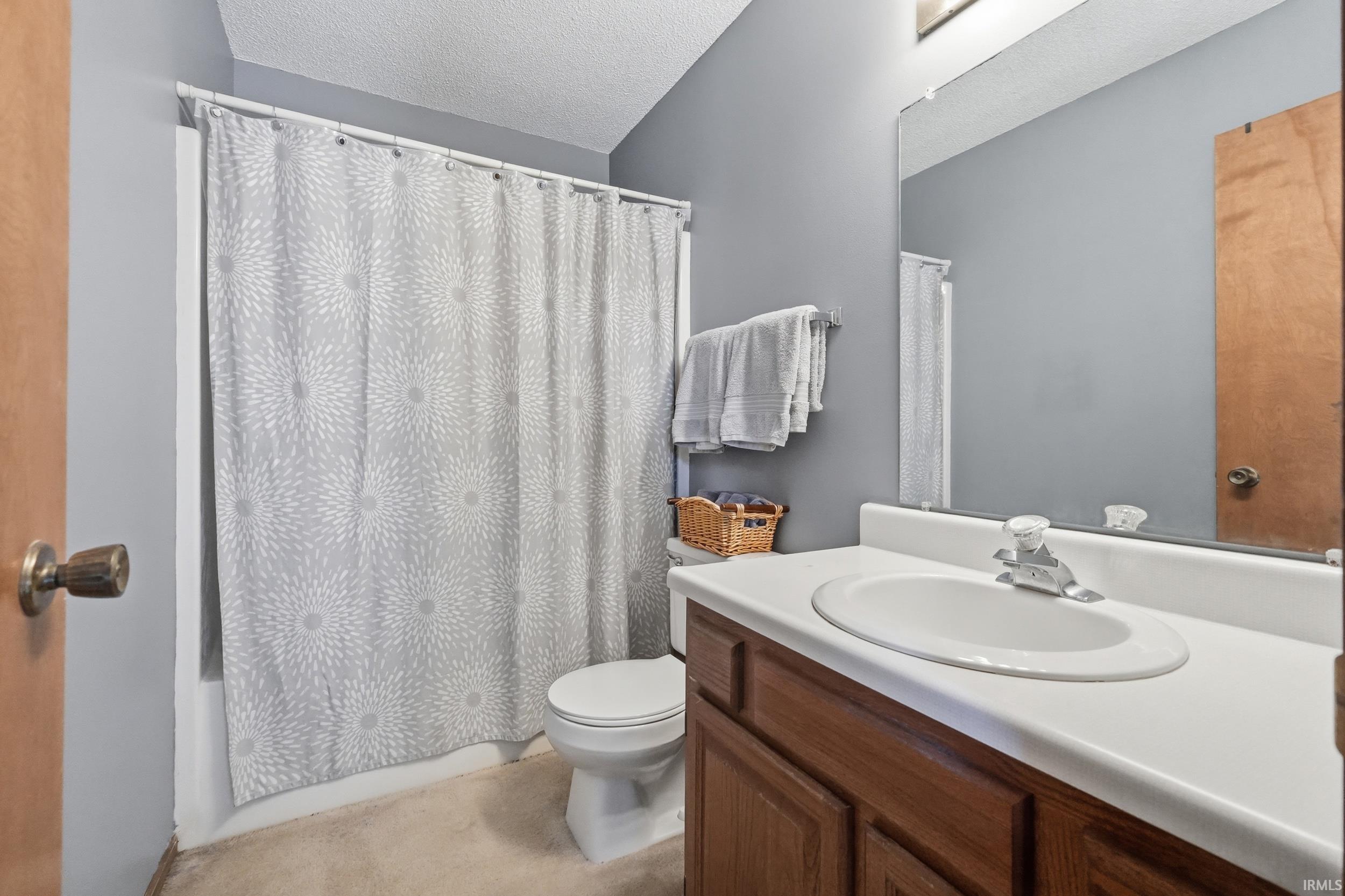 Full bathroom featuring a white porcelain toilet, a white sink basin with chrome faucet, a wood-finish vanity with cabinet storage, and a large wall-mounted mirror