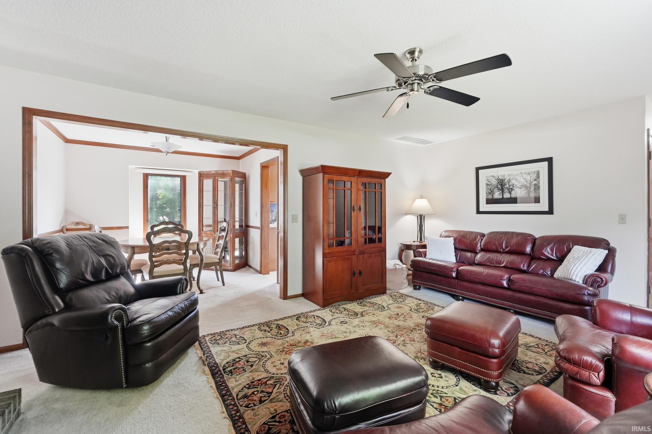 Living area featuring light-toned carpeting and an overhead ceiling fan
