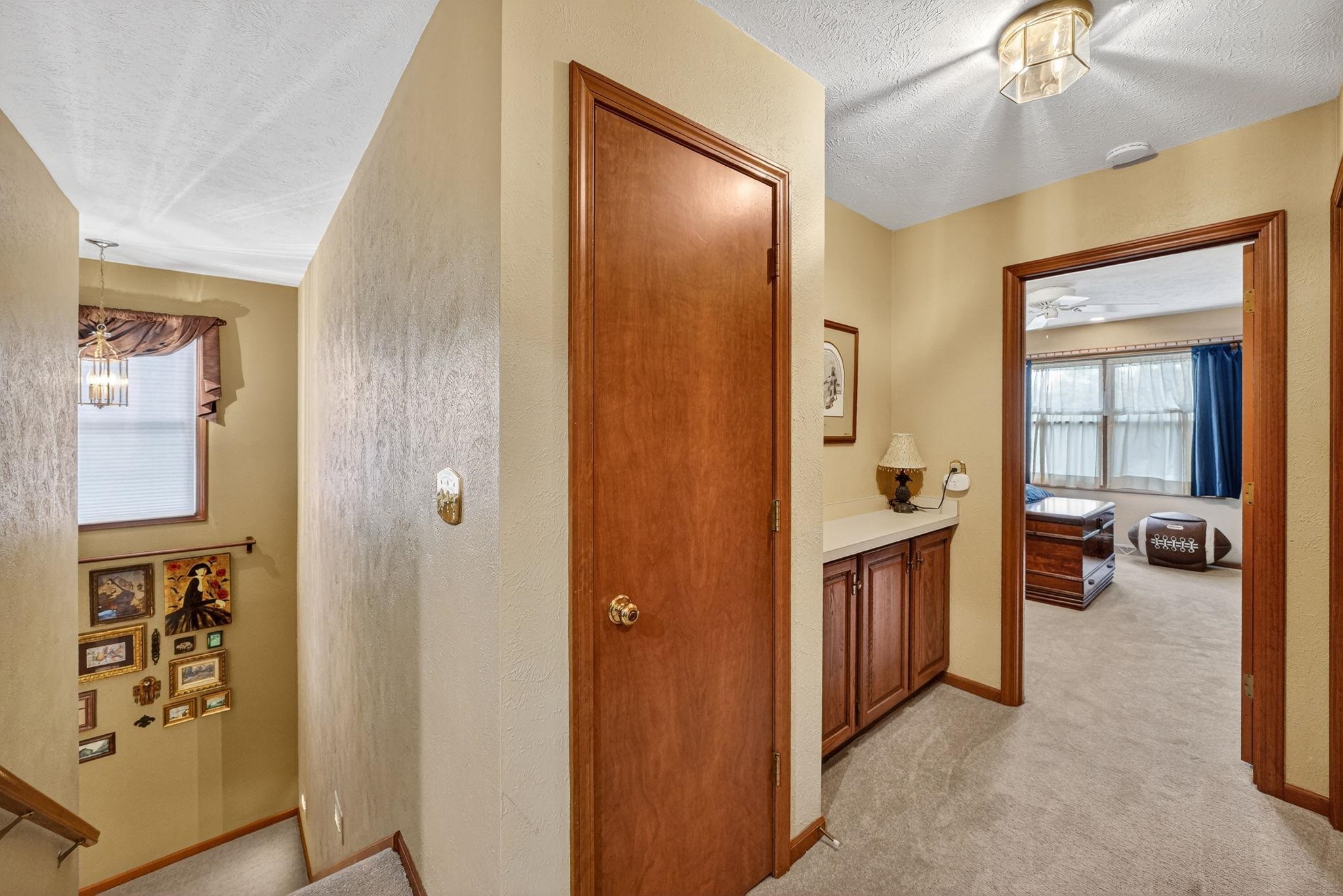 Hallway featuring carpet flooring, built-in cabinetry with a light-colored countertop, and a ceiling-mounted light fixture