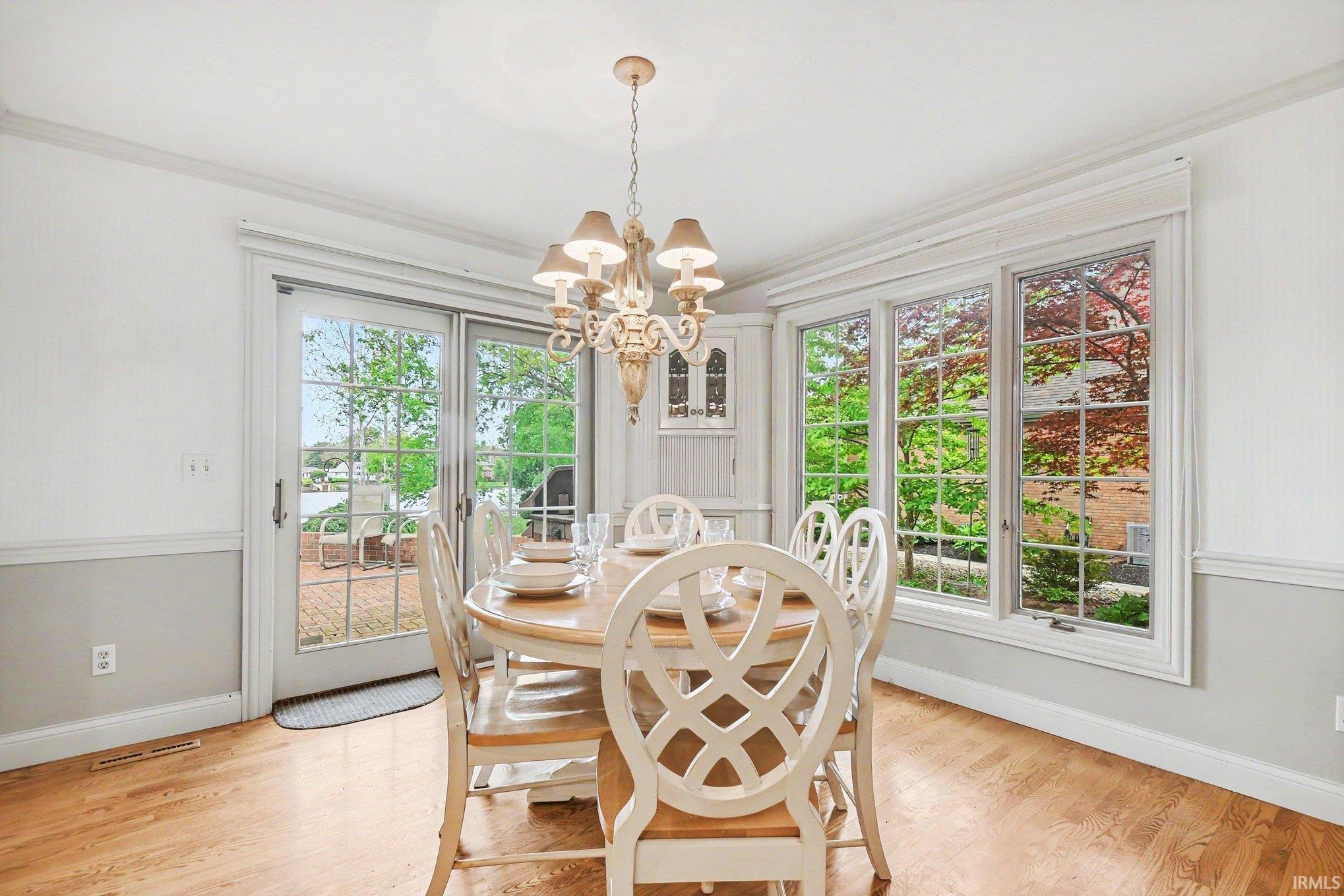 Dining area featuring hardwood flooring, a decorative chandelier, wainscoting, and large multi-pane windows