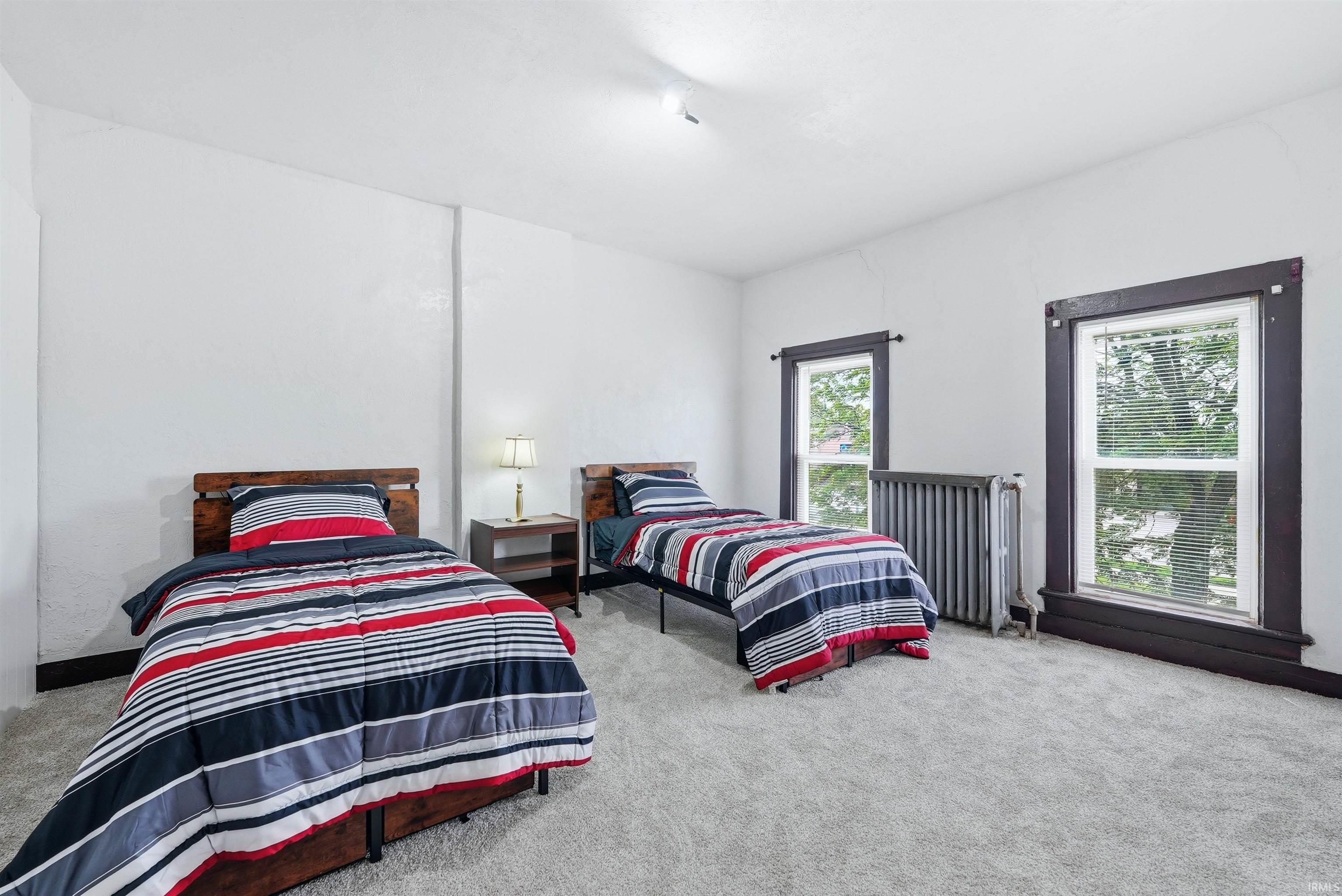 Bright room featuring two windows with dark trim, light gray carpeting, and a visible radiator