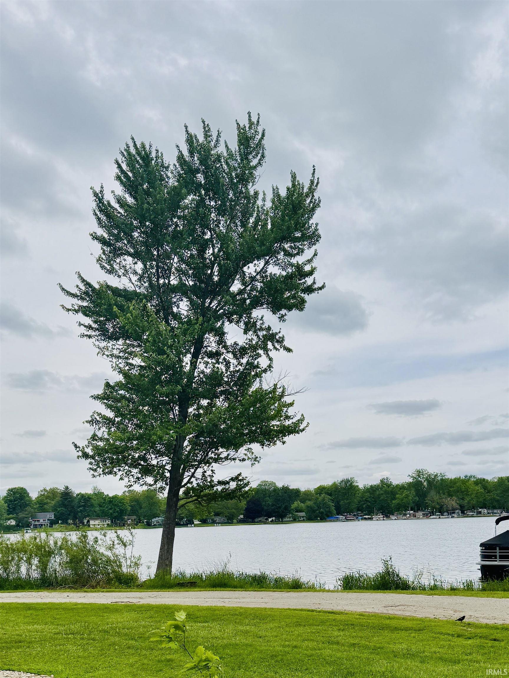 Lakeside setting with a mature deciduous tree and manicured green space