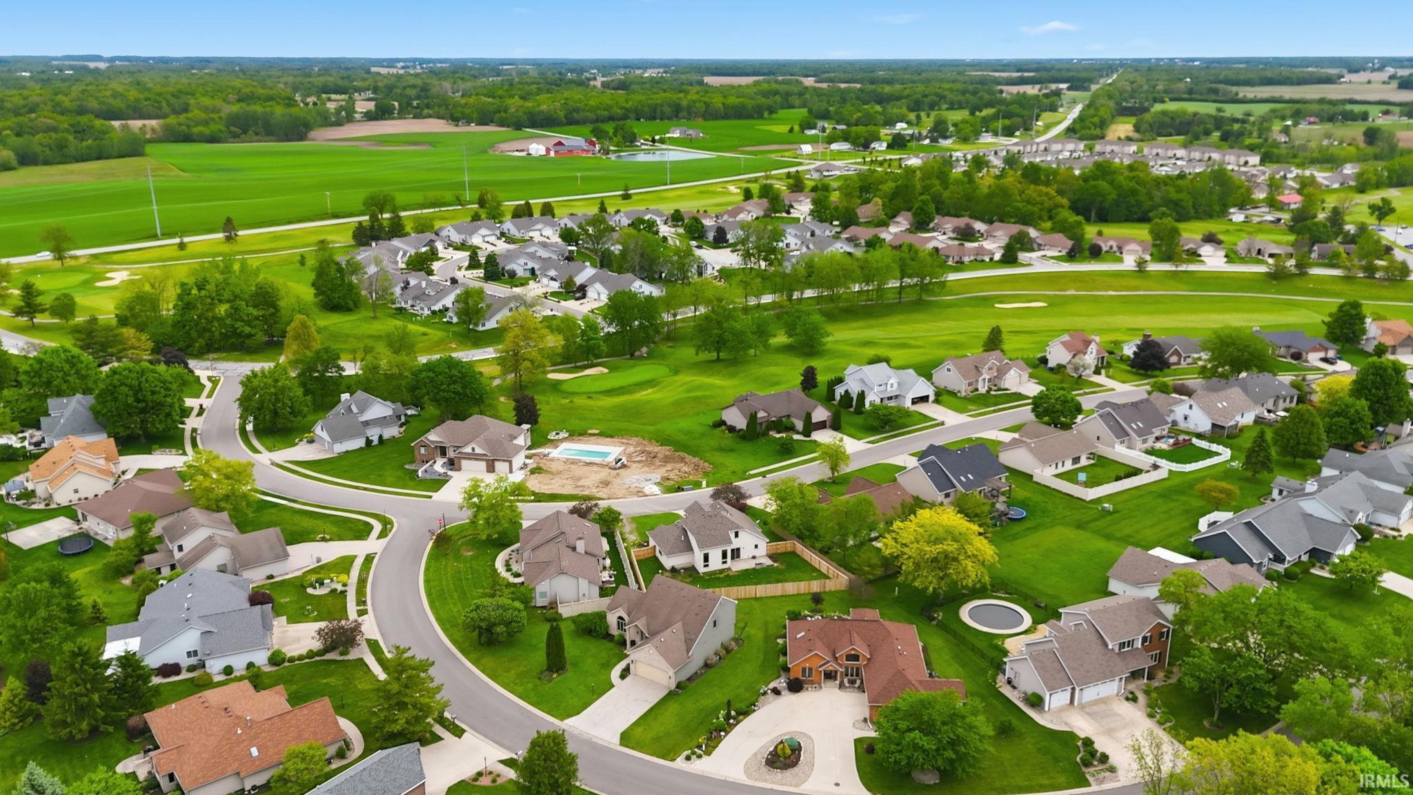 Aerial perspective showcasing a residential community with winding streets