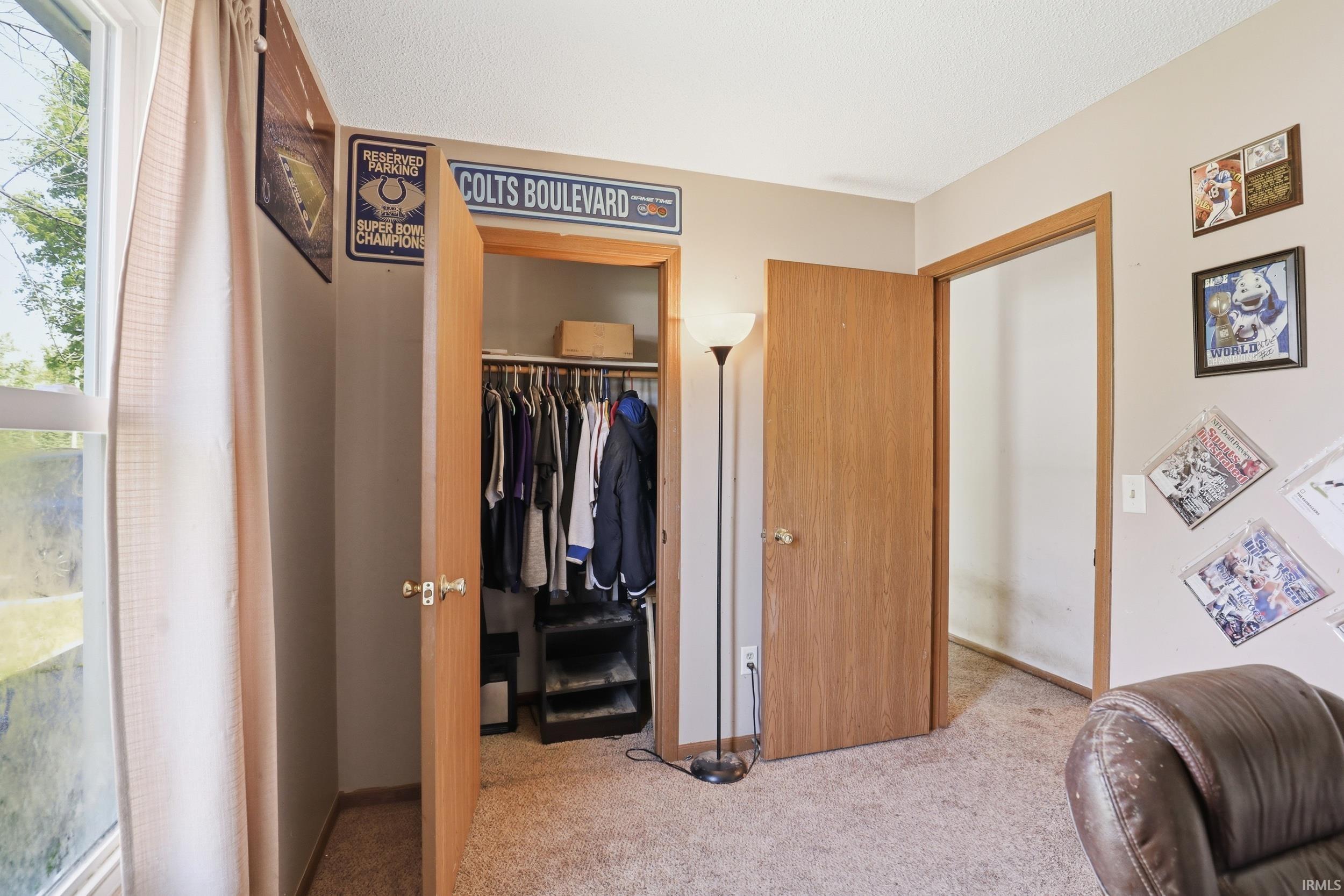Interior room with a window, two paneled doors, and carpet flooring