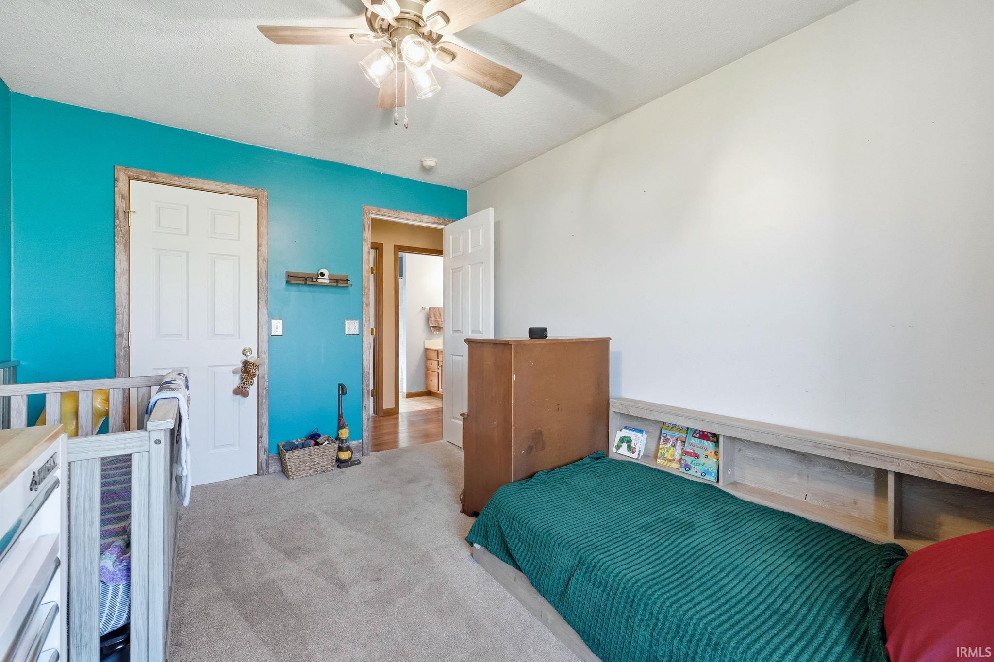 Carpeted room featuring a ceiling fan, two paneled doors with contrasting trim, and a built-in shelving unit