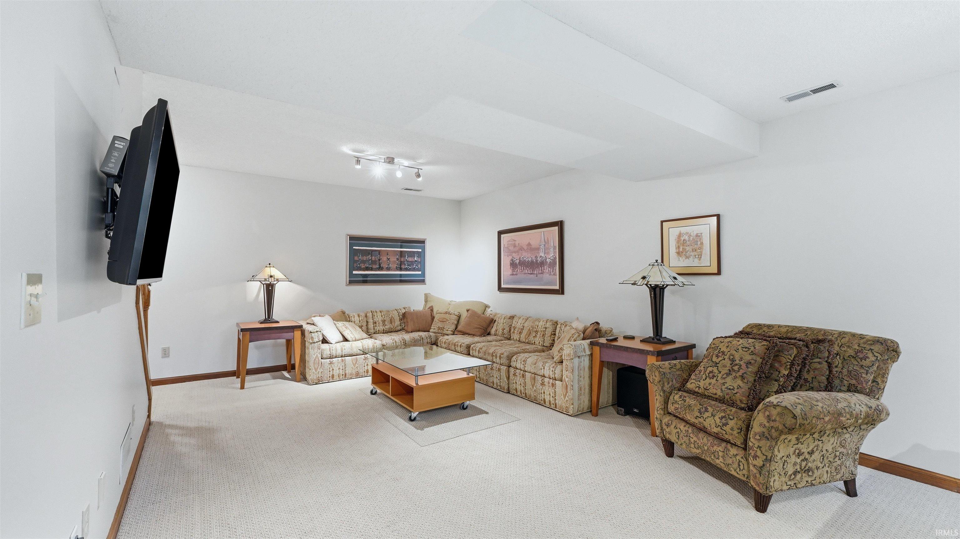 Carpeted room featuring white walls, track lighting, and a wall-mounted television bracket