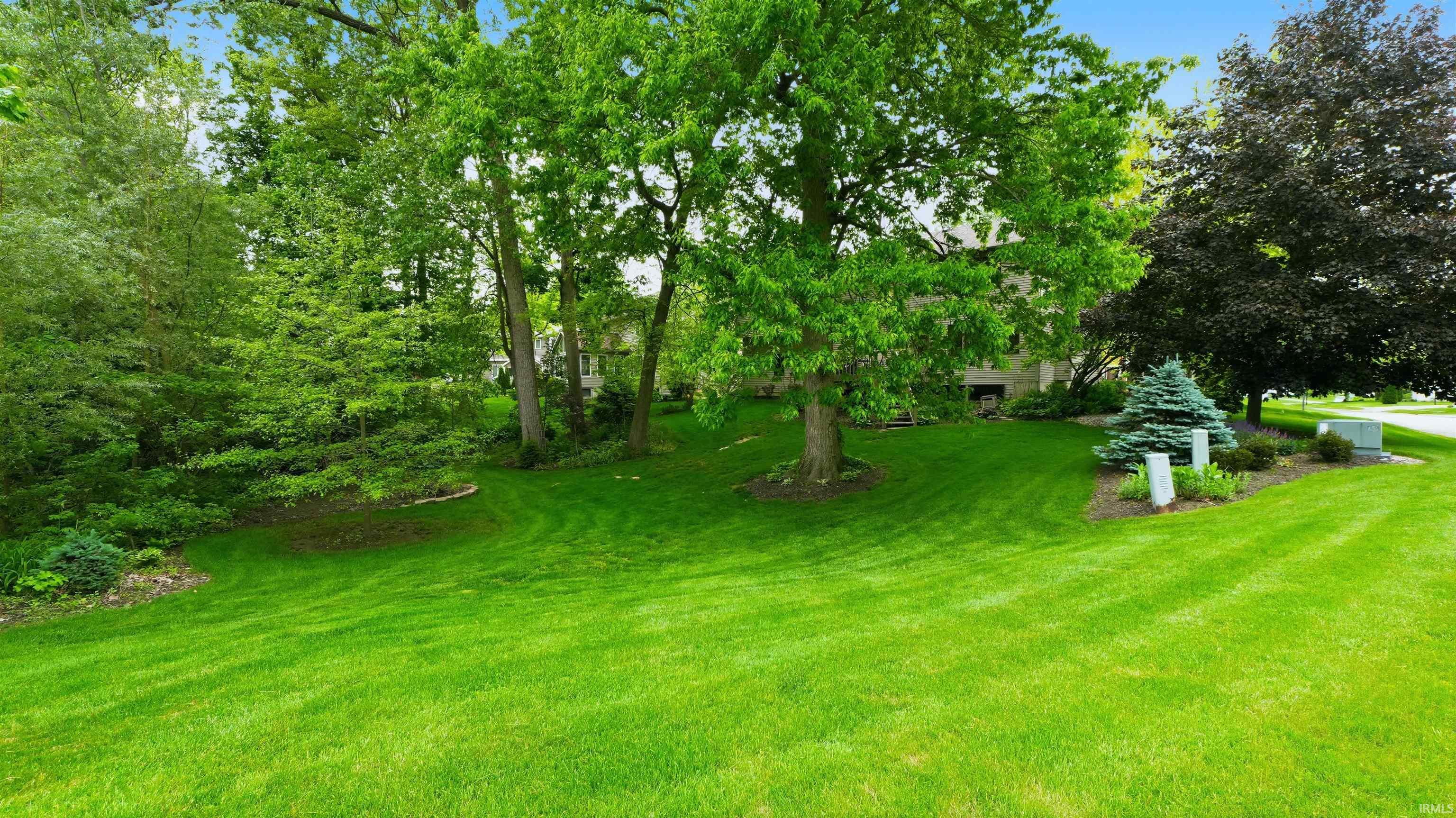 Expansive green lawn with mature trees and varied foliage