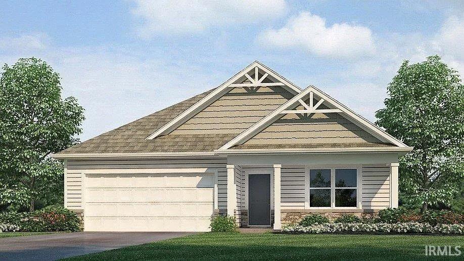 View of front of house featuring stone siding, an attached garage, concrete driveway, roof with shingles, and a front yard