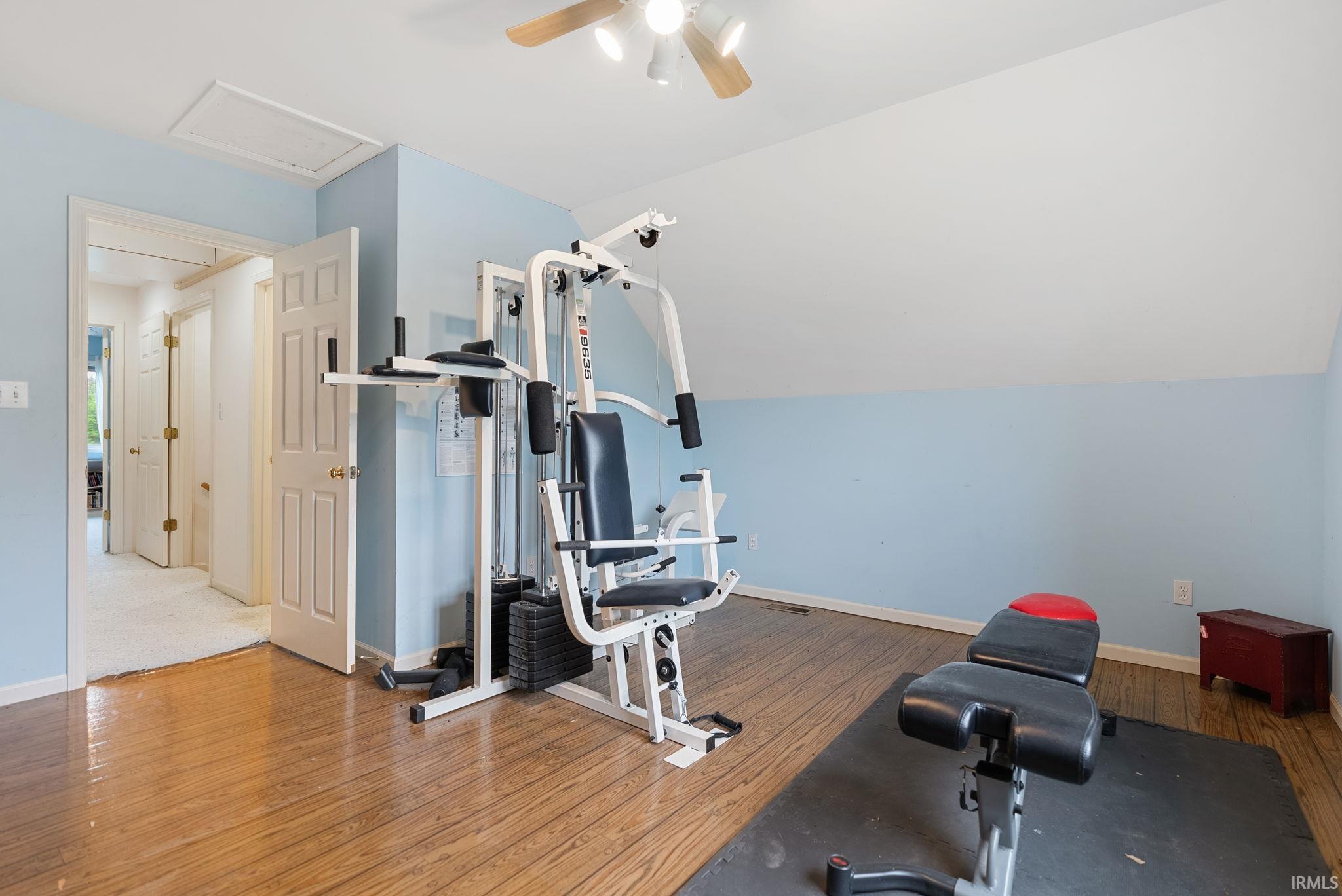 Spacious room featuring wood-finish flooring, a ceiling fan with integrated lighting, and a white ceiling with light blue wall accents