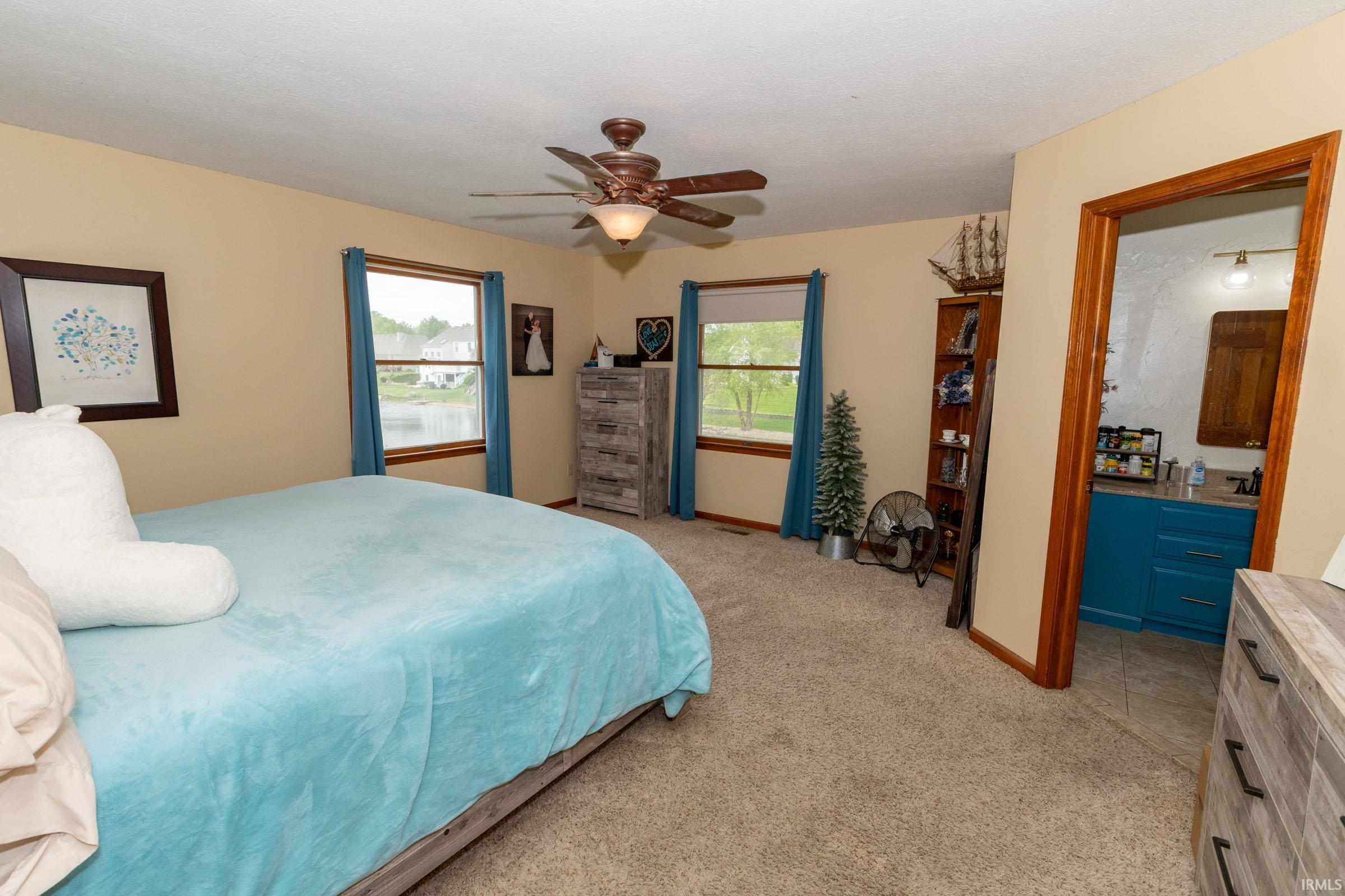 Spacious bedroom featuring dual windows, a ceiling fan, and carpeted flooring