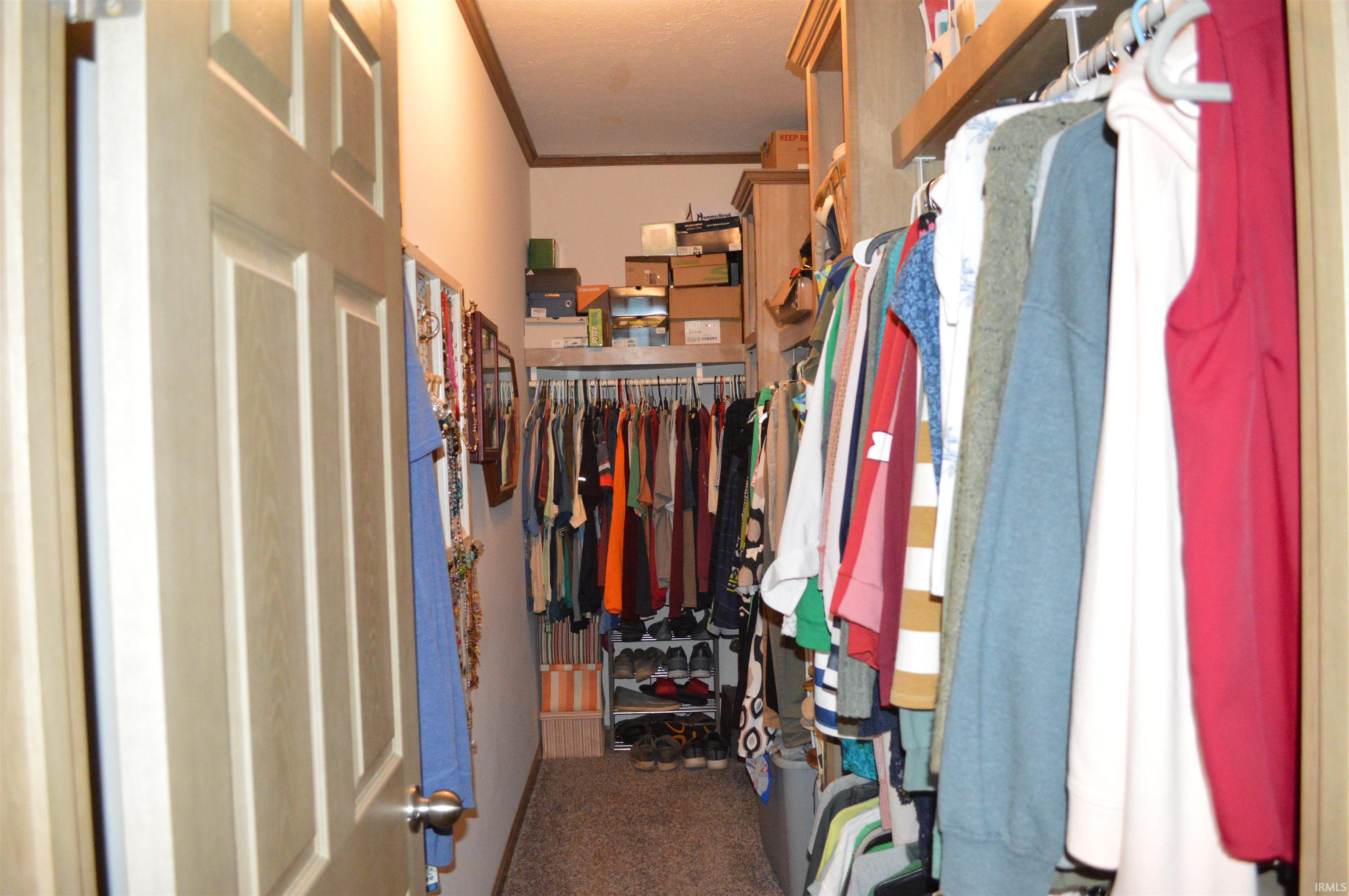 Walk-in closet featuring carpet flooring, built-in shelving, and multiple hanging rods for organization