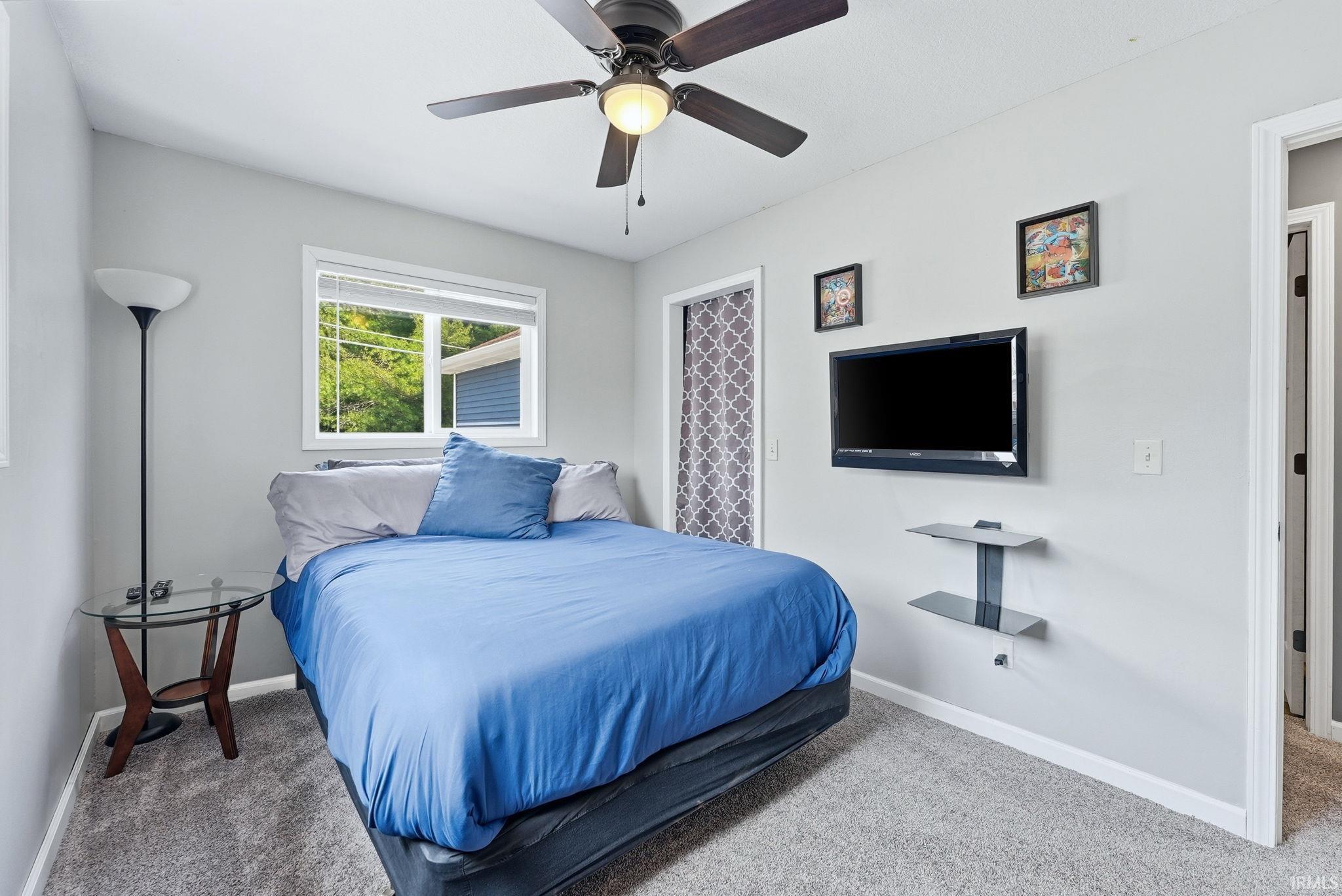 Carpeted room with a ceiling fan, a window, and a wall-mounted display with shelving