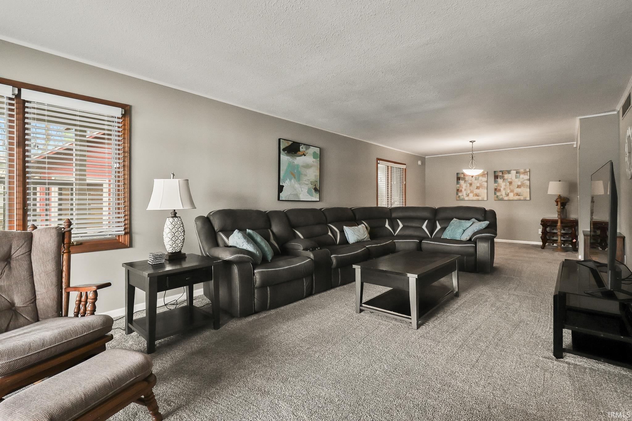Spacious living area featuring neutral-toned carpeting, light gray wall paint, and white ceiling trim